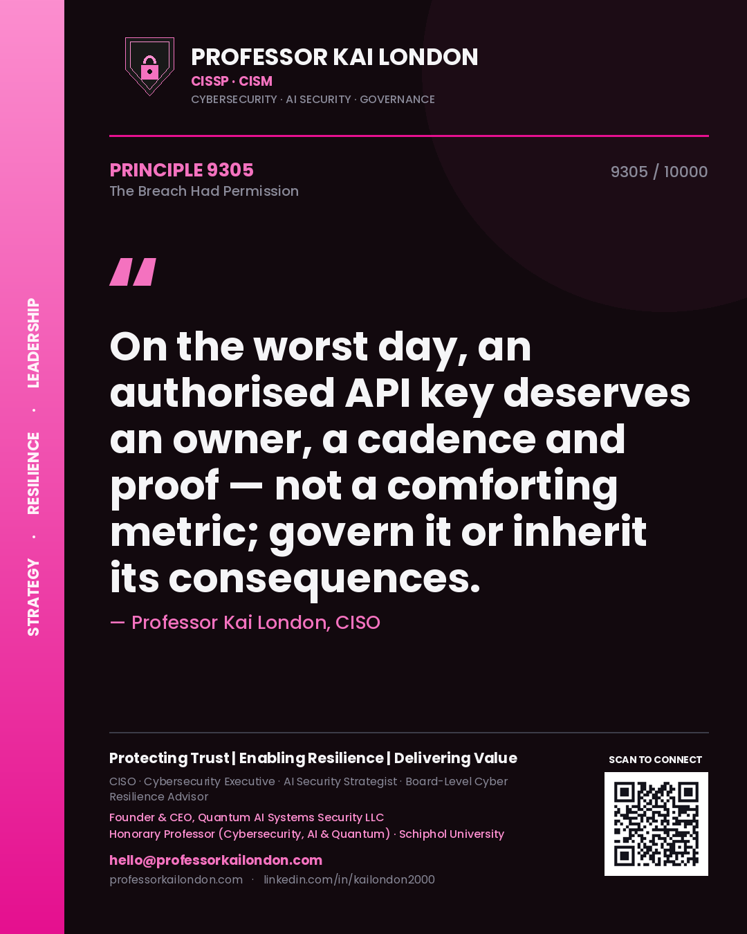 Professor Kai London principle 9305: On the worst day, an authorised API key deserves an owner, a cadence and proof — not a comforting metric; govern it or inherit its consequences.