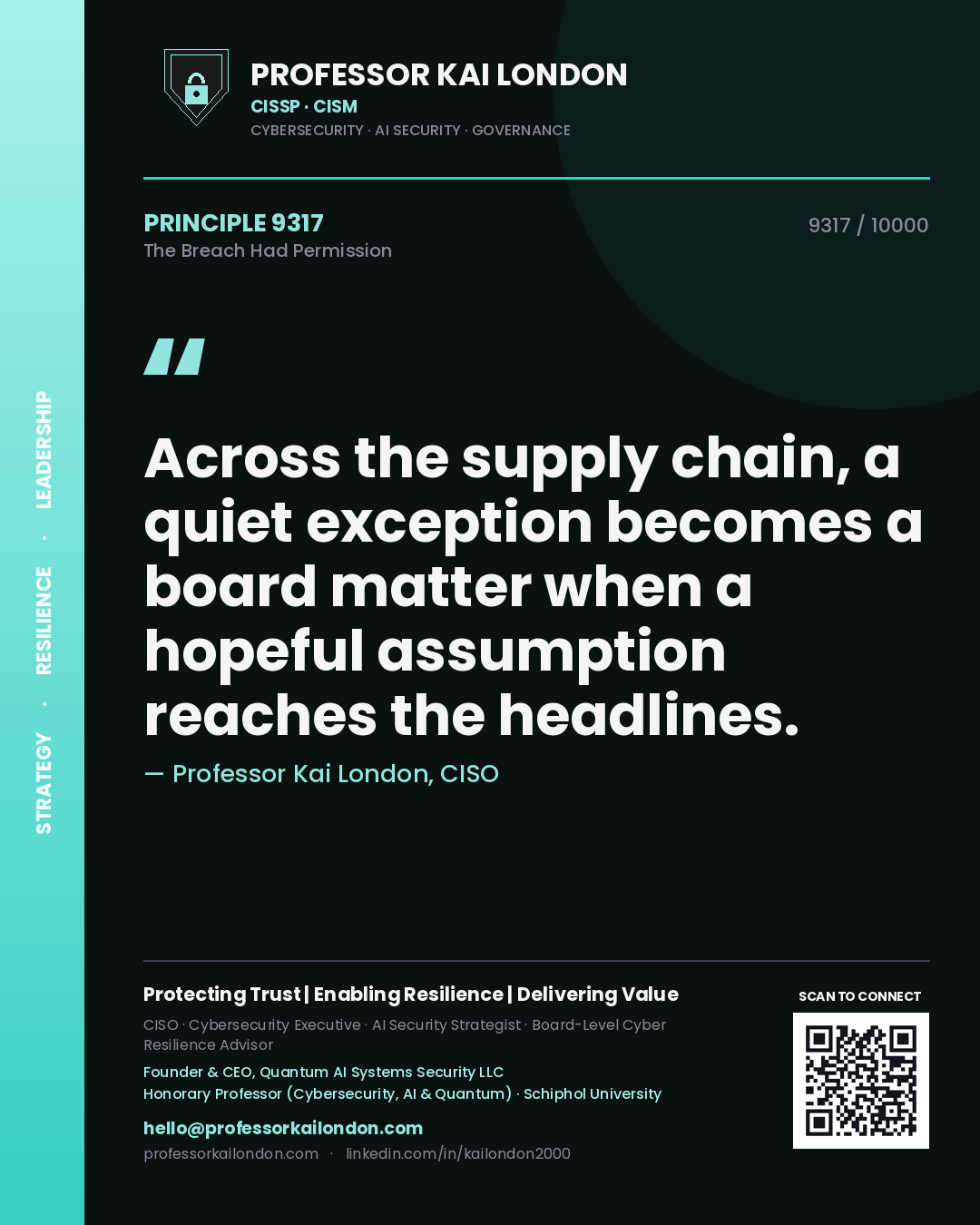 Quote card by Professor Kai London reading 'Across the supply chain, a quiet exception becomes a board matter when a hopeful assumption reaches the headlines.'. From the book The Breach Had Permission.