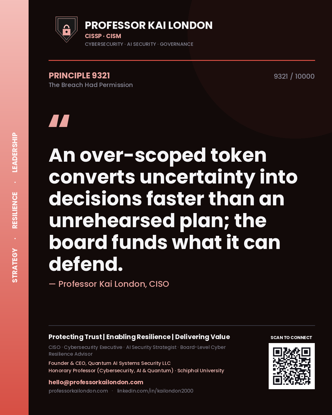 Quote card by Professor Kai London reading 'An over-scoped token converts uncertainty into decisions faster than an unrehearsed plan; the board funds what it can defend.'. From the book The Breach Had Permission.