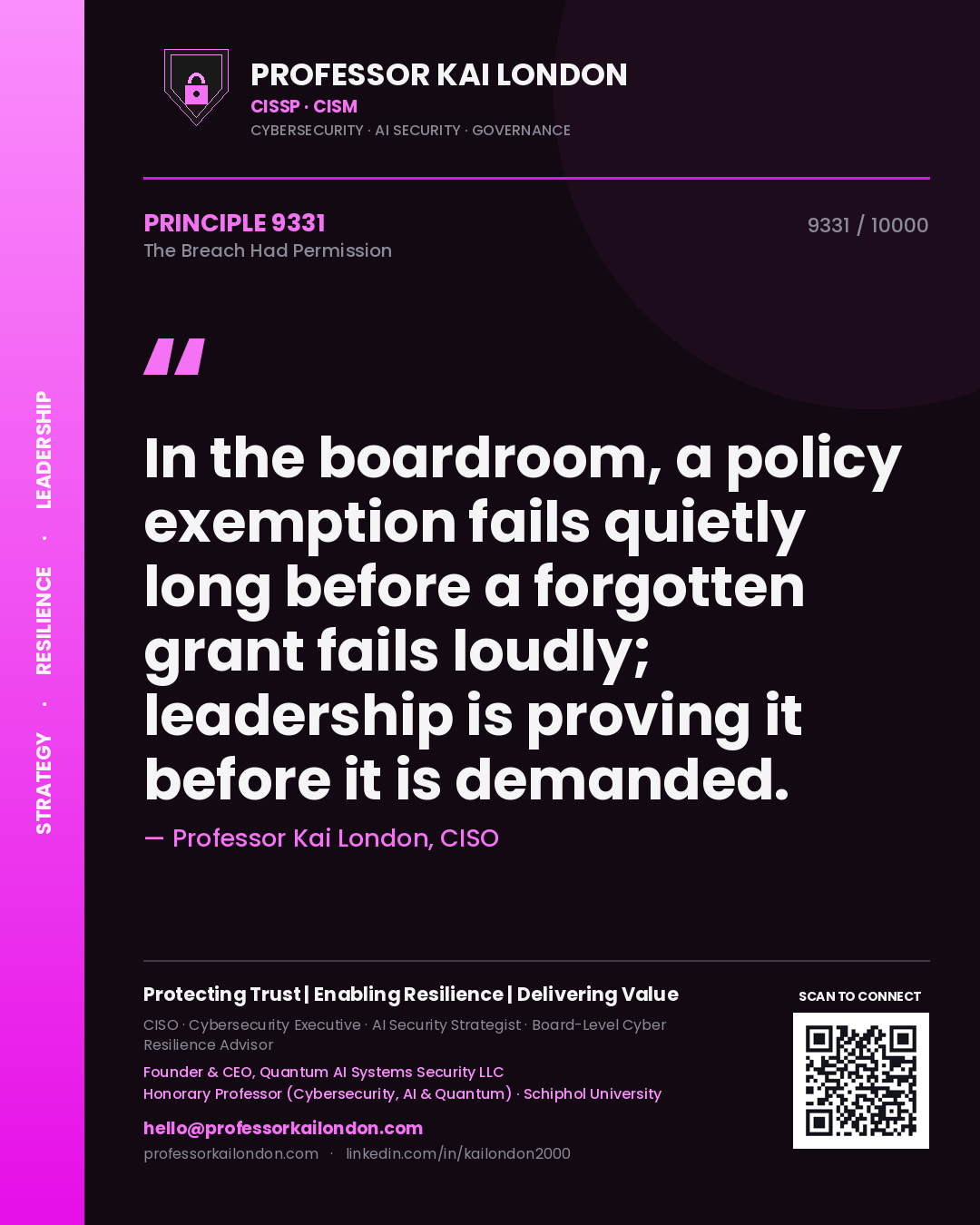 Professor Kai London principle 9331: In the boardroom, a policy exemption fails quietly long before a forgotten grant fails loudly; leadership is proving it before it is demanded.