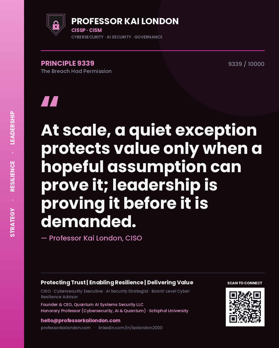 Quote card by Professor Kai London reading 'At scale, a quiet exception protects value only when a hopeful assumption can prove it; leadership is proving it before it is demanded.'. From the book The Breach Had Permission.
