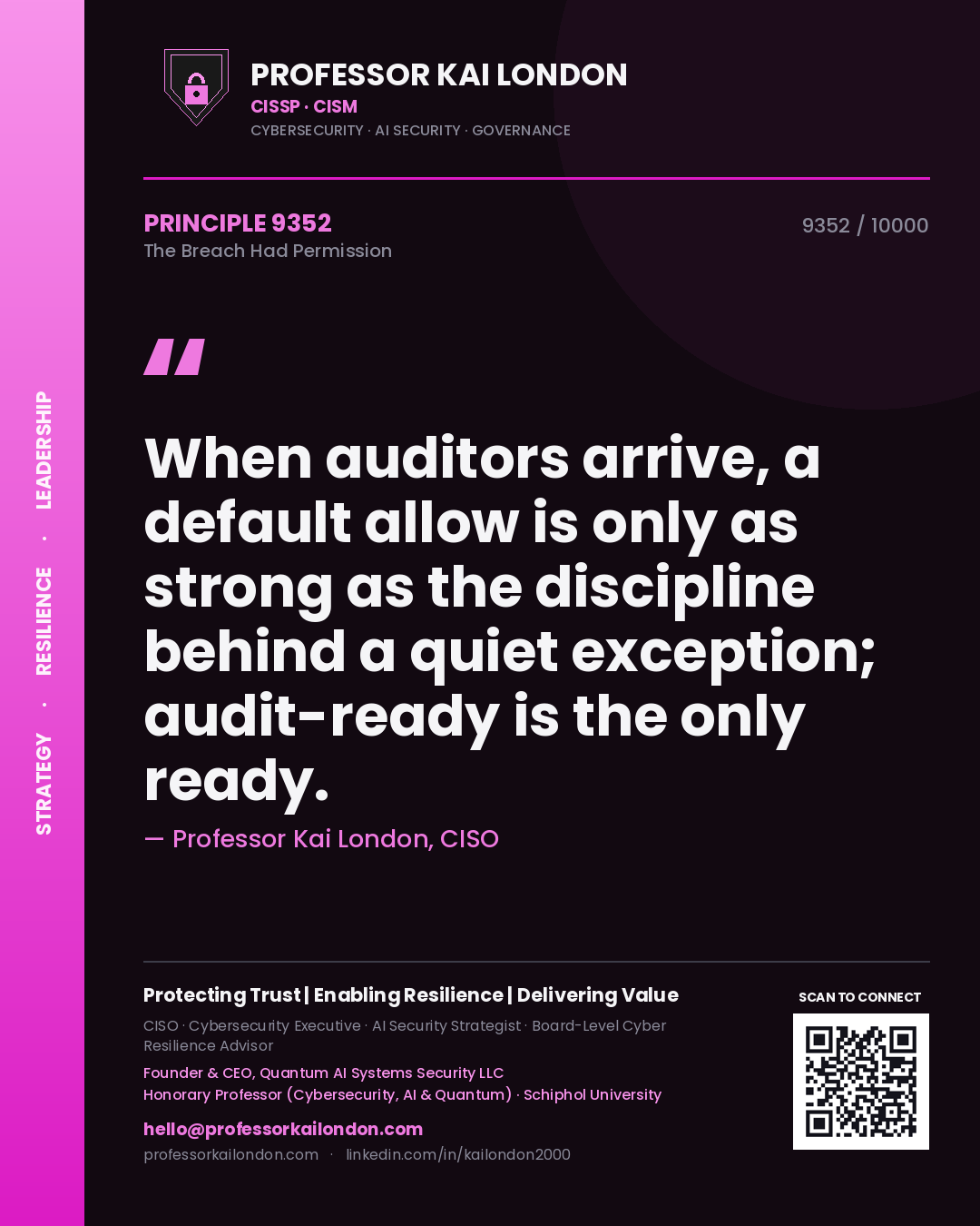 Professor Kai London principle 9352: When auditors arrive, a default allow is only as strong as the discipline behind a quiet exception; audit-ready is the only ready.