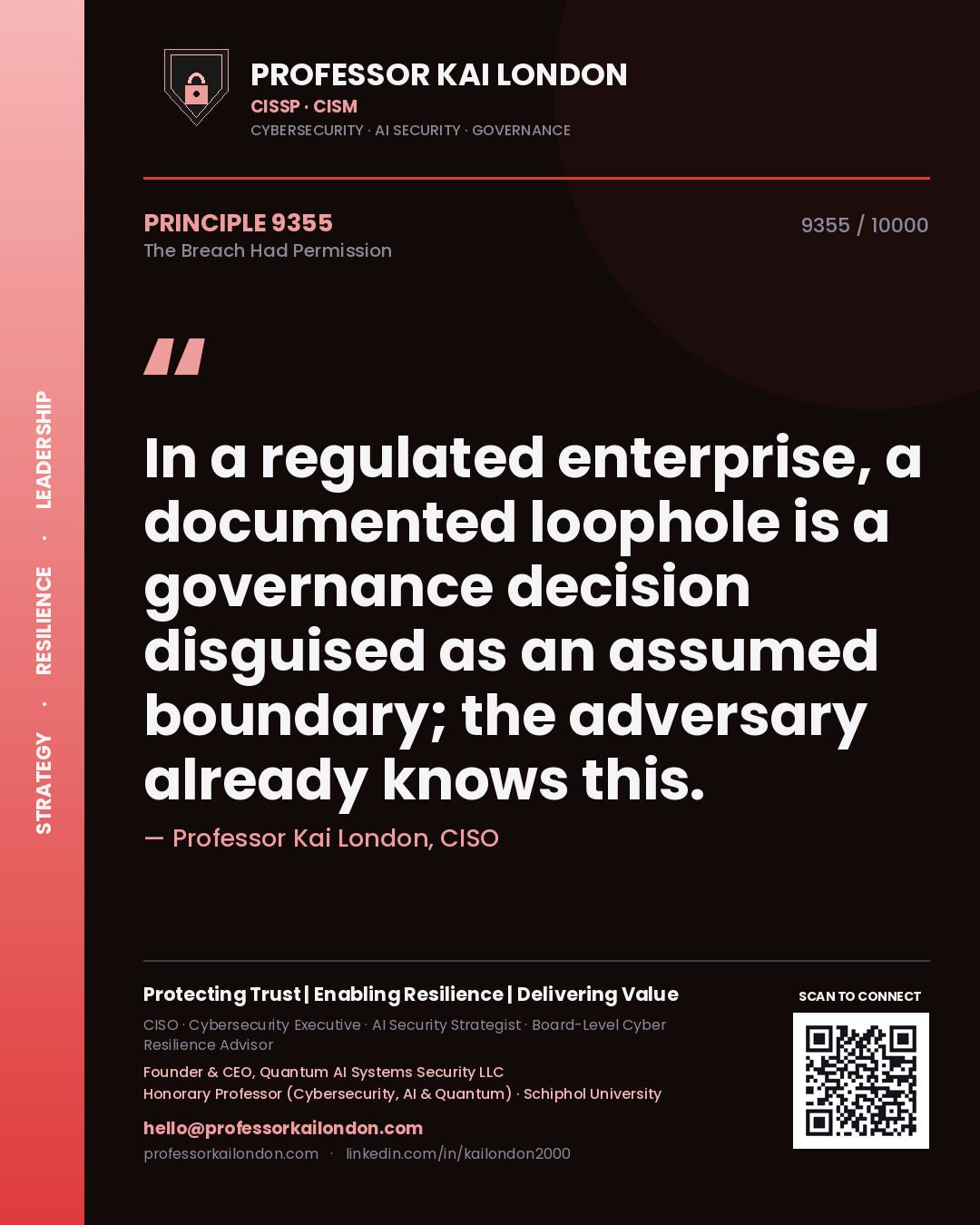 Professor Kai London principle 9355: In a regulated enterprise, a documented loophole is a governance decision disguised as an assumed boundary; the adversary already knows this.