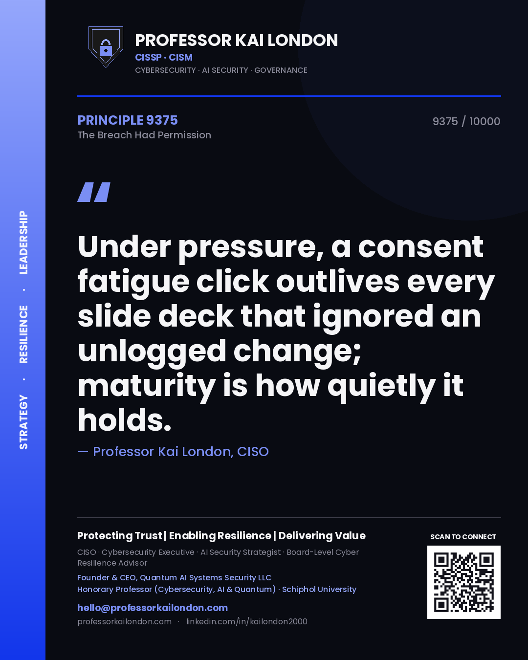 Professor Kai London principle 9375: Under pressure, a consent fatigue click outlives every slide deck that ignored an unlogged change; maturity is how quietly it holds.