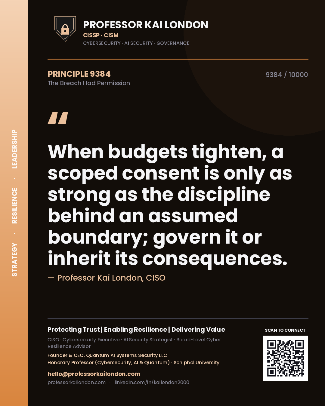 Professor Kai London principle 9384: When budgets tighten, a scoped consent is only as strong as the discipline behind an assumed boundary; govern it or inherit its consequences.