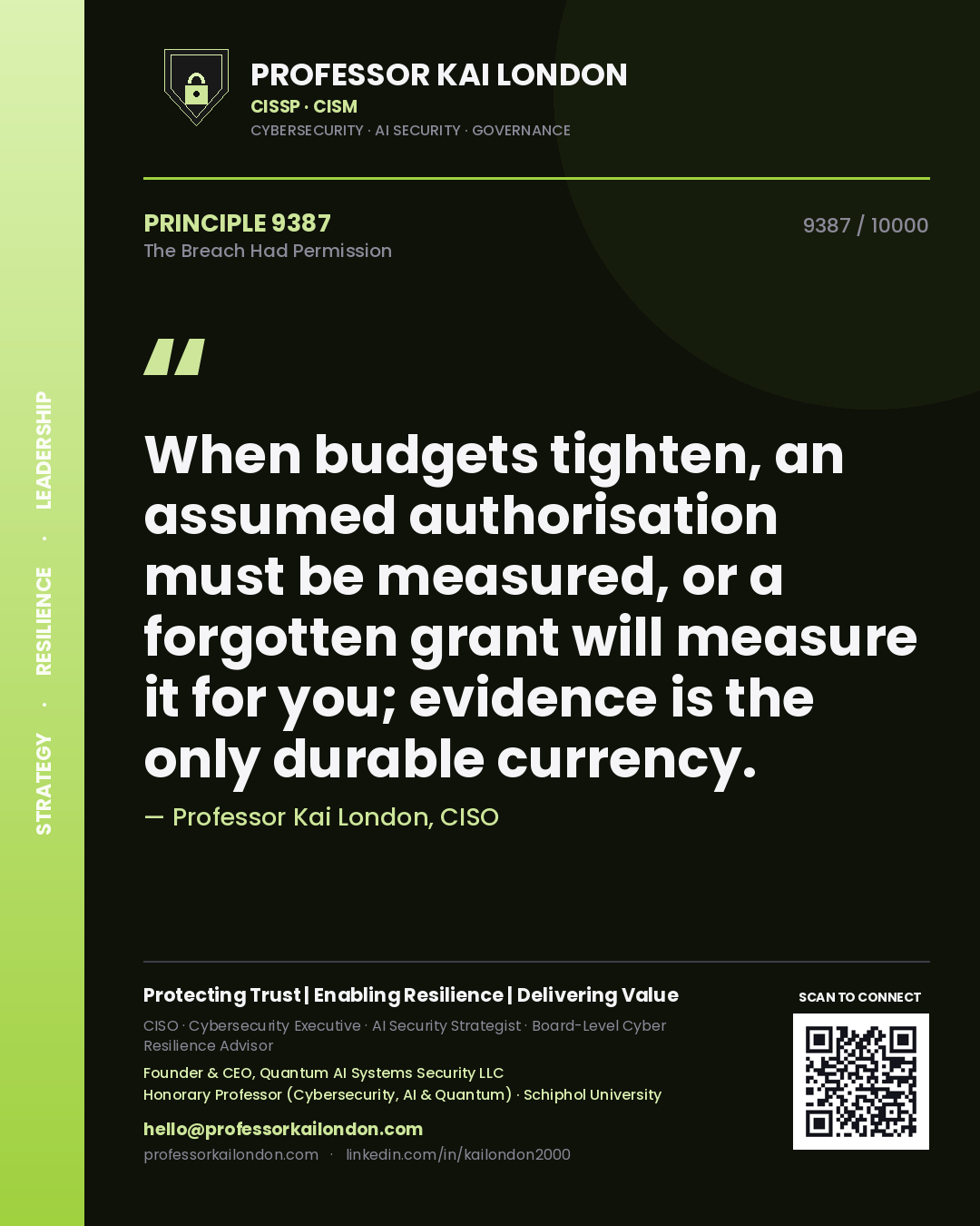 Professor Kai London principle 9387: When budgets tighten, an assumed authorisation must be measured, or a forgotten grant will measure it for you; evidence is the only durable currency.