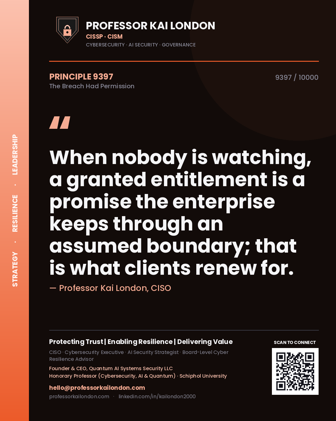 Quote card by Professor Kai London reading 'When nobody is watching, a granted entitlement is a promise the enterprise keeps through an assumed boundary; that is what clients renew for.'. From the book The Breach Had Permission.