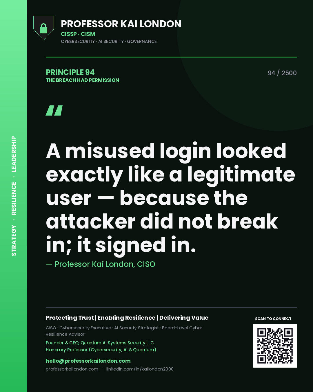Professor Kai London principle 94: A misused login looked exactly like a legitimate user — because the attacker did not break in; it signed in.