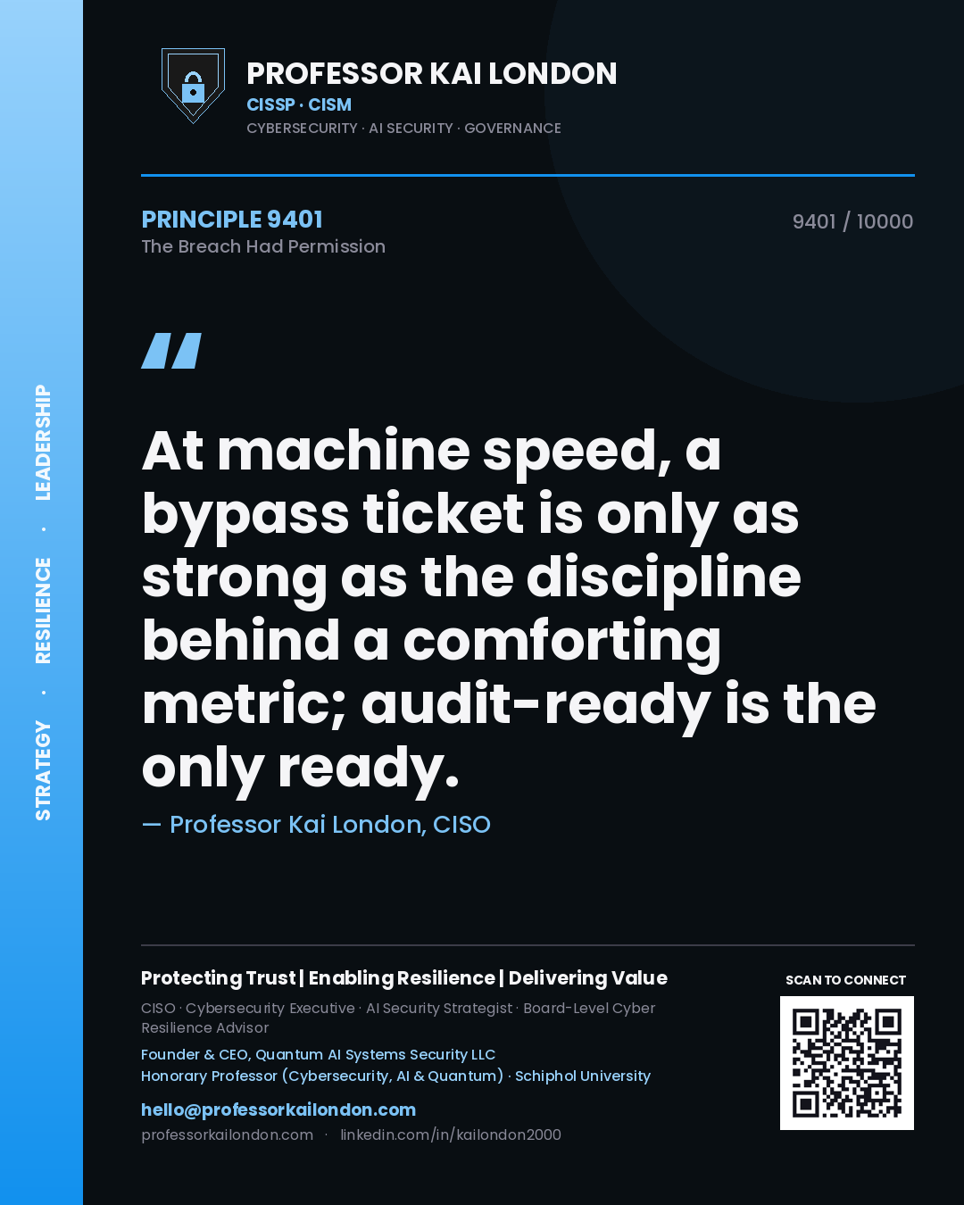 Quote card by Professor Kai London reading 'At machine speed, a bypass ticket is only as strong as the discipline behind a comforting metric; audit-ready is the only ready.'. From the book The Breach Had Permission.