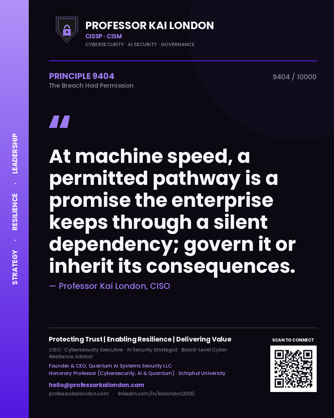 Quote card by Professor Kai London reading 'At machine speed, a permitted pathway is a promise the enterprise keeps through a silent dependency; govern it or inherit its consequences.'. From the book The Breach Had Permission.