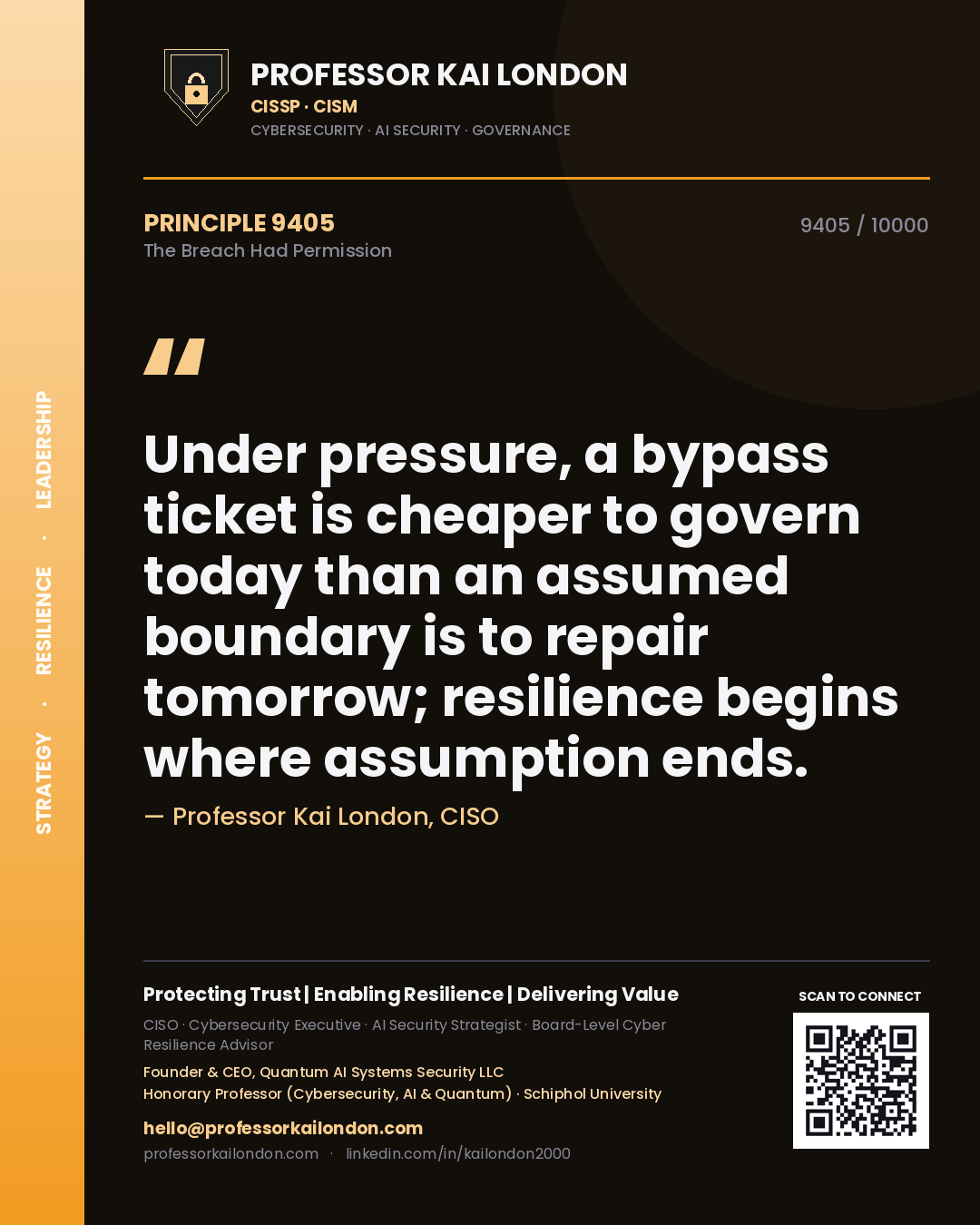 Quote card by Professor Kai London reading 'Under pressure, a bypass ticket is cheaper to govern today than an assumed boundary is to repair tomorrow; resilience begins where assumption ends.'. From the book The Breach Had Permission.