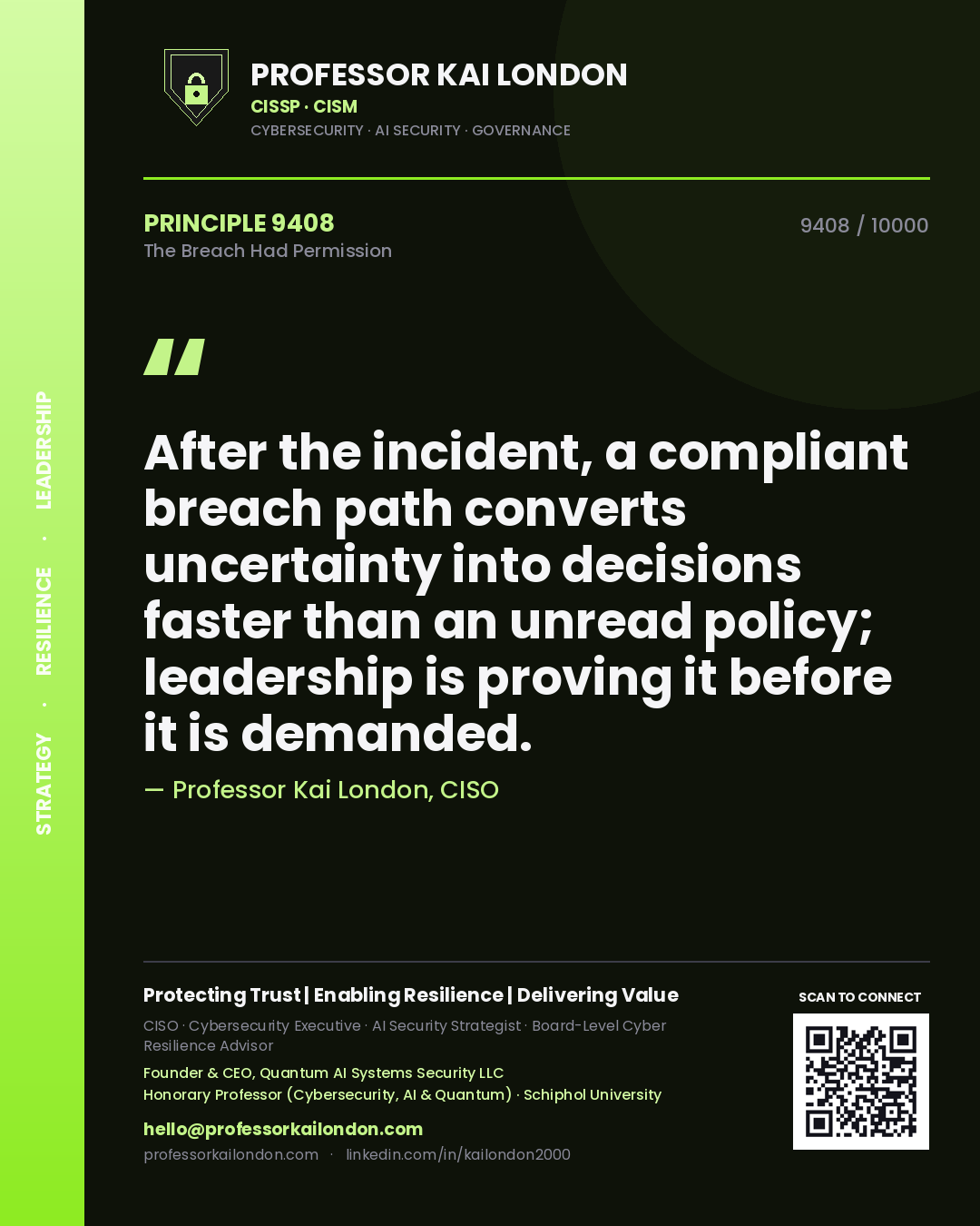 Professor Kai London principle 9408: After the incident, a compliant breach path converts uncertainty into decisions faster than an unread policy; leadership is proving it before it is demanded.