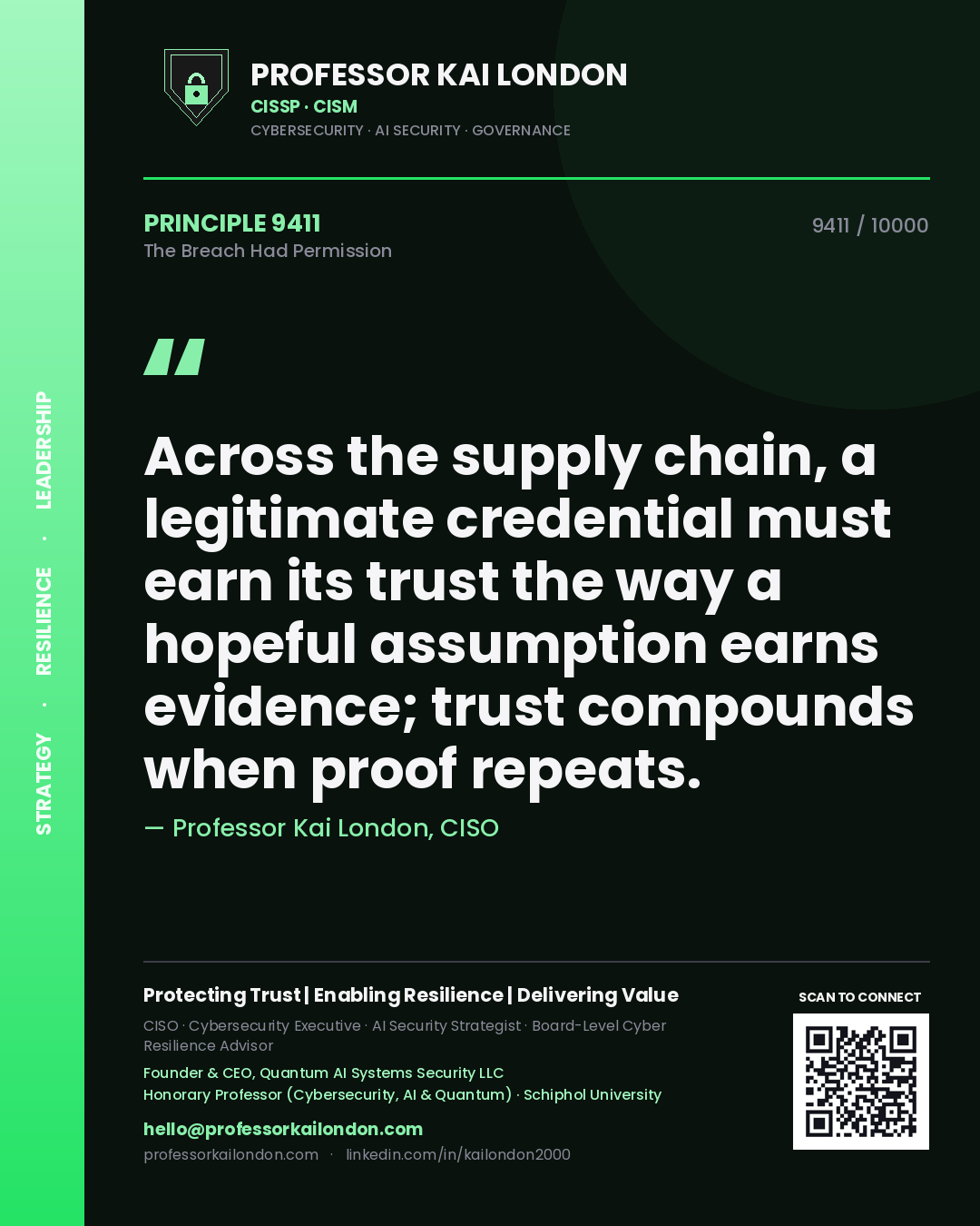Professor Kai London principle 9411: Across the supply chain, a legitimate credential must earn its trust the way a hopeful assumption earns evidence; trust compounds when proof repeats.