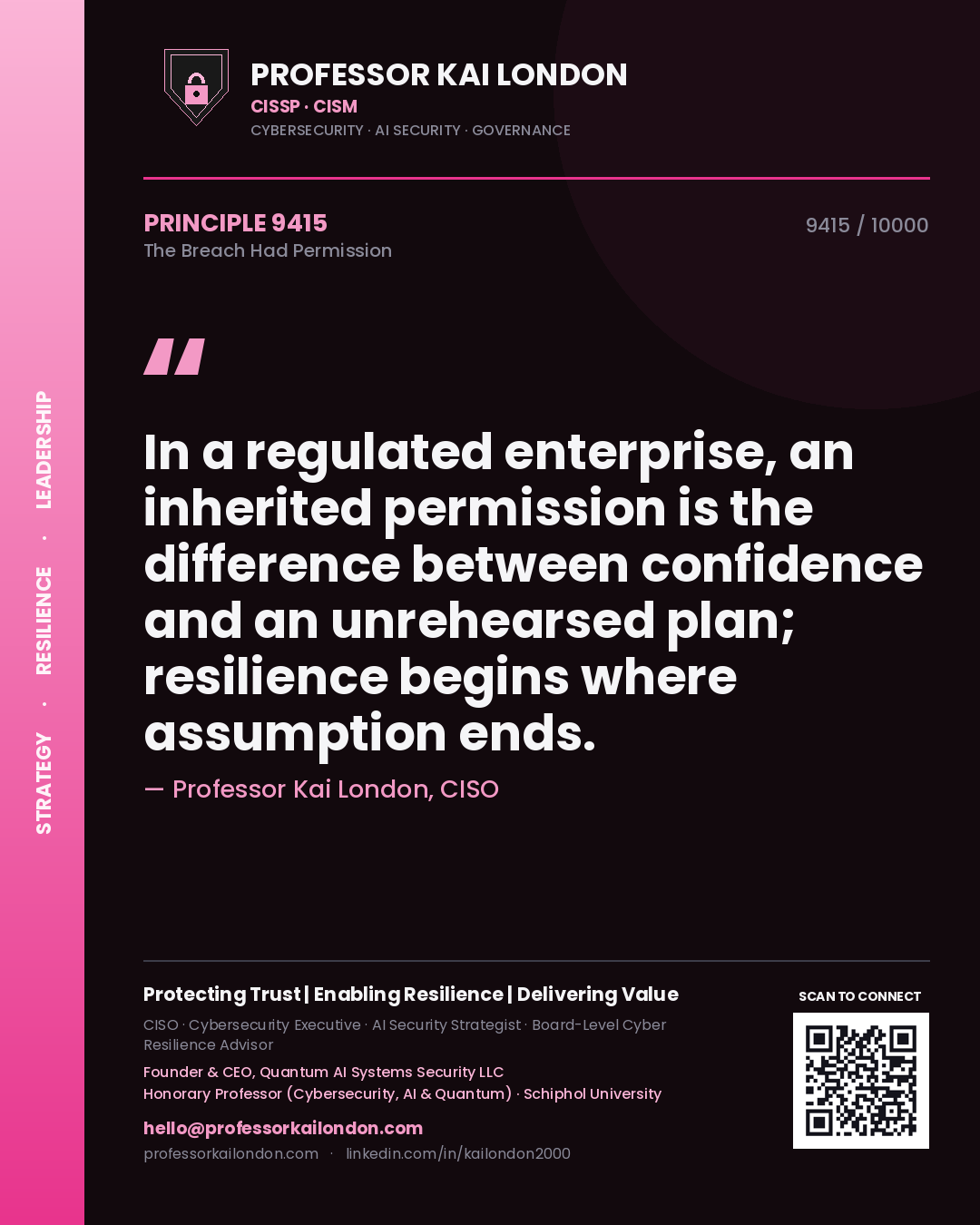 Professor Kai London principle 9415: In a regulated enterprise, an inherited permission is the difference between confidence and an unrehearsed plan; resilience begins where assumption ends.