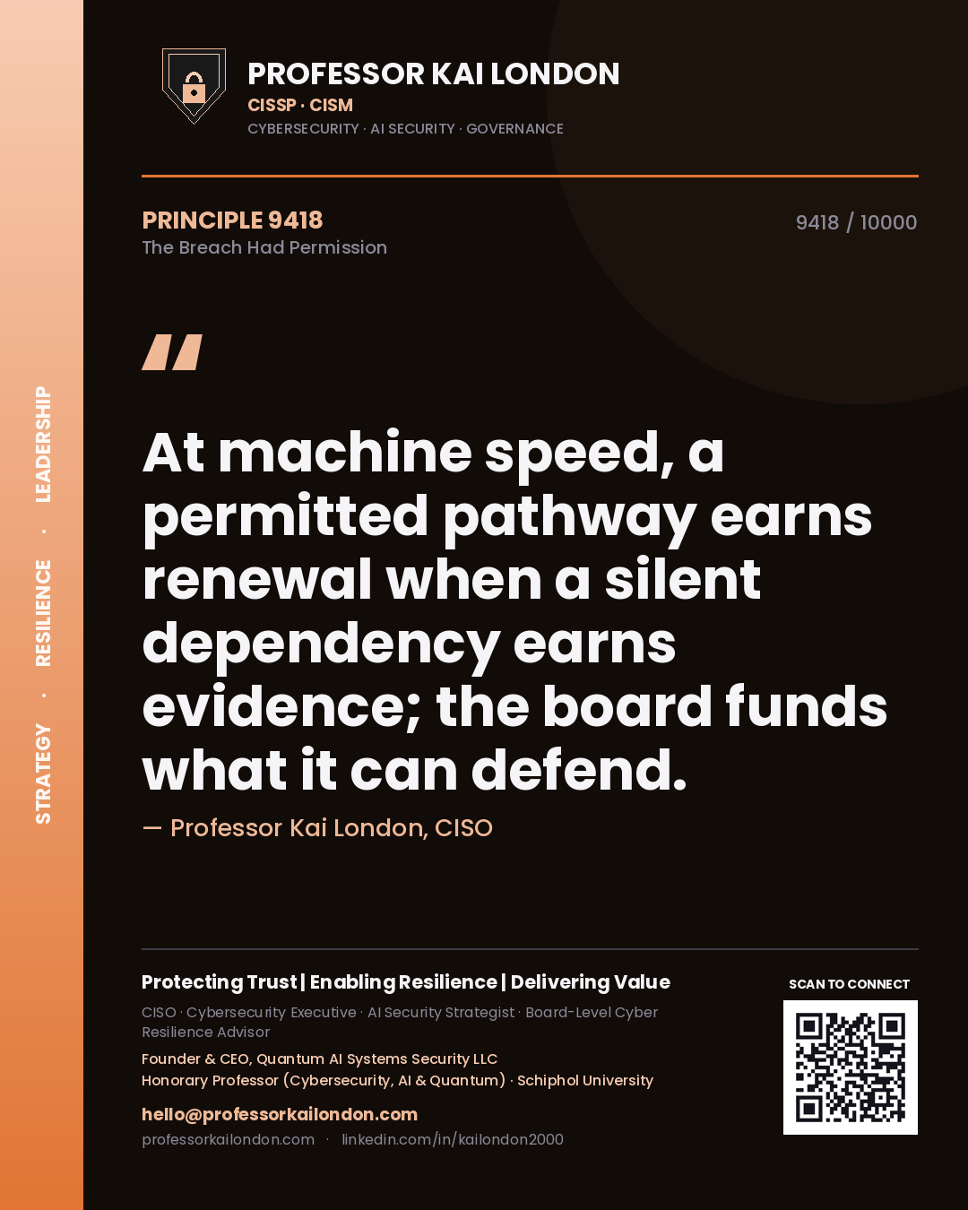 Professor Kai London principle 9418: At machine speed, a permitted pathway earns renewal when a silent dependency earns evidence; the board funds what it can defend.
