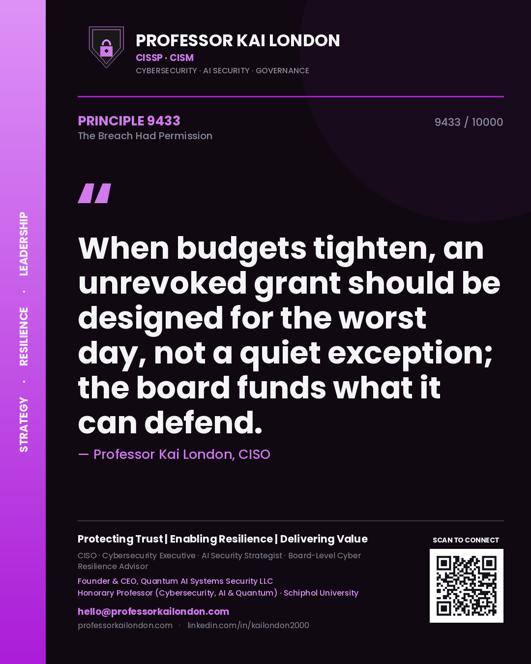 Professor Kai London principle 9433: When budgets tighten, an unrevoked grant should be designed for the worst day, not a quiet exception; the board funds what it can defend.