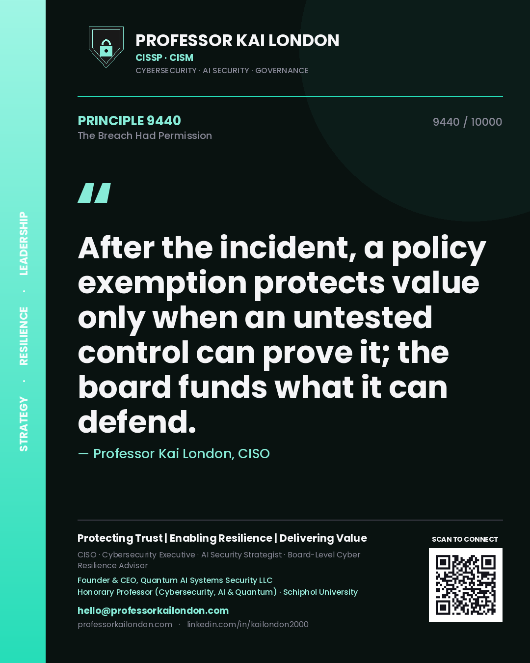 Professor Kai London principle 9440: After the incident, a policy exemption protects value only when an untested control can prove it; the board funds what it can defend.