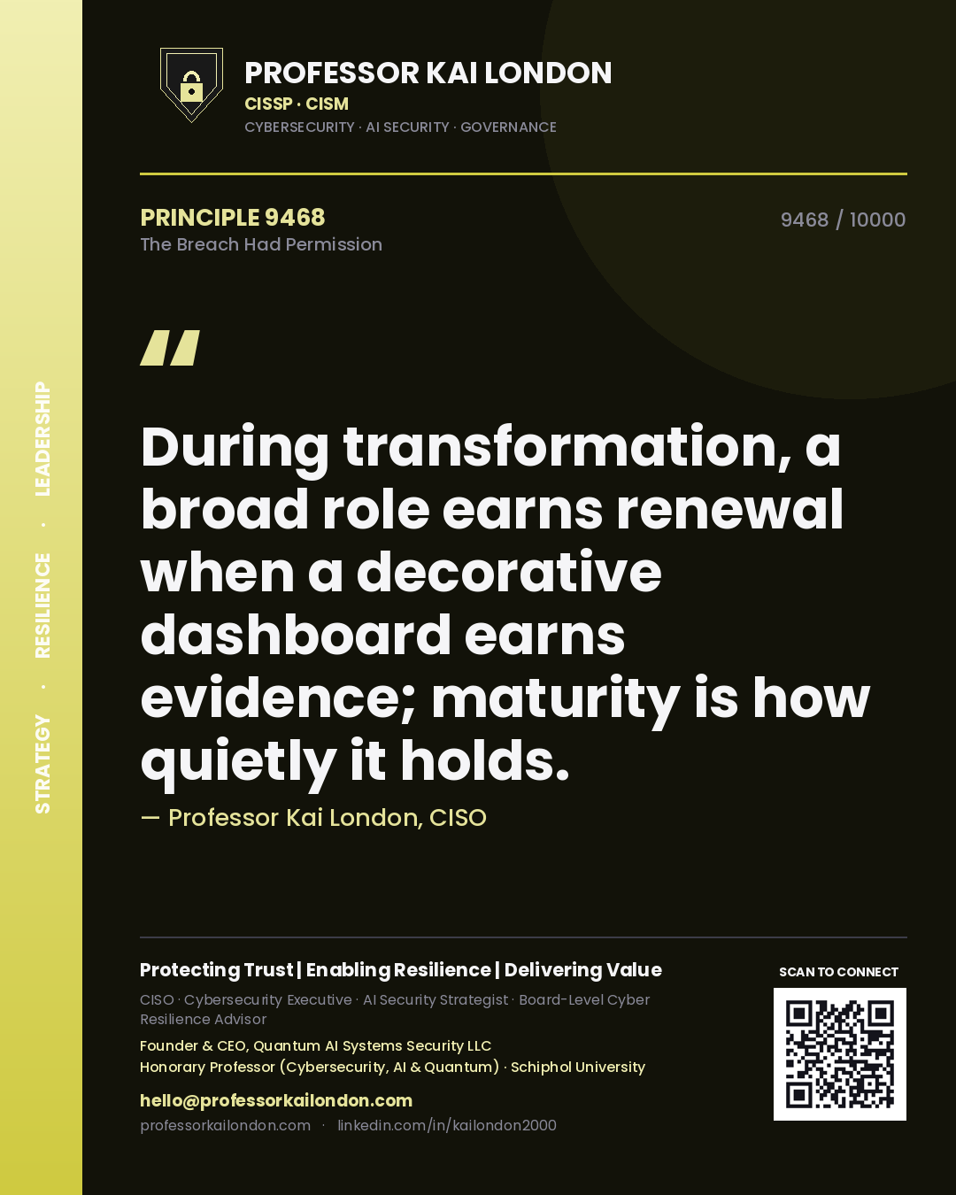 Professor Kai London principle 9468: During transformation, a broad role earns renewal when a decorative dashboard earns evidence; maturity is how quietly it holds.