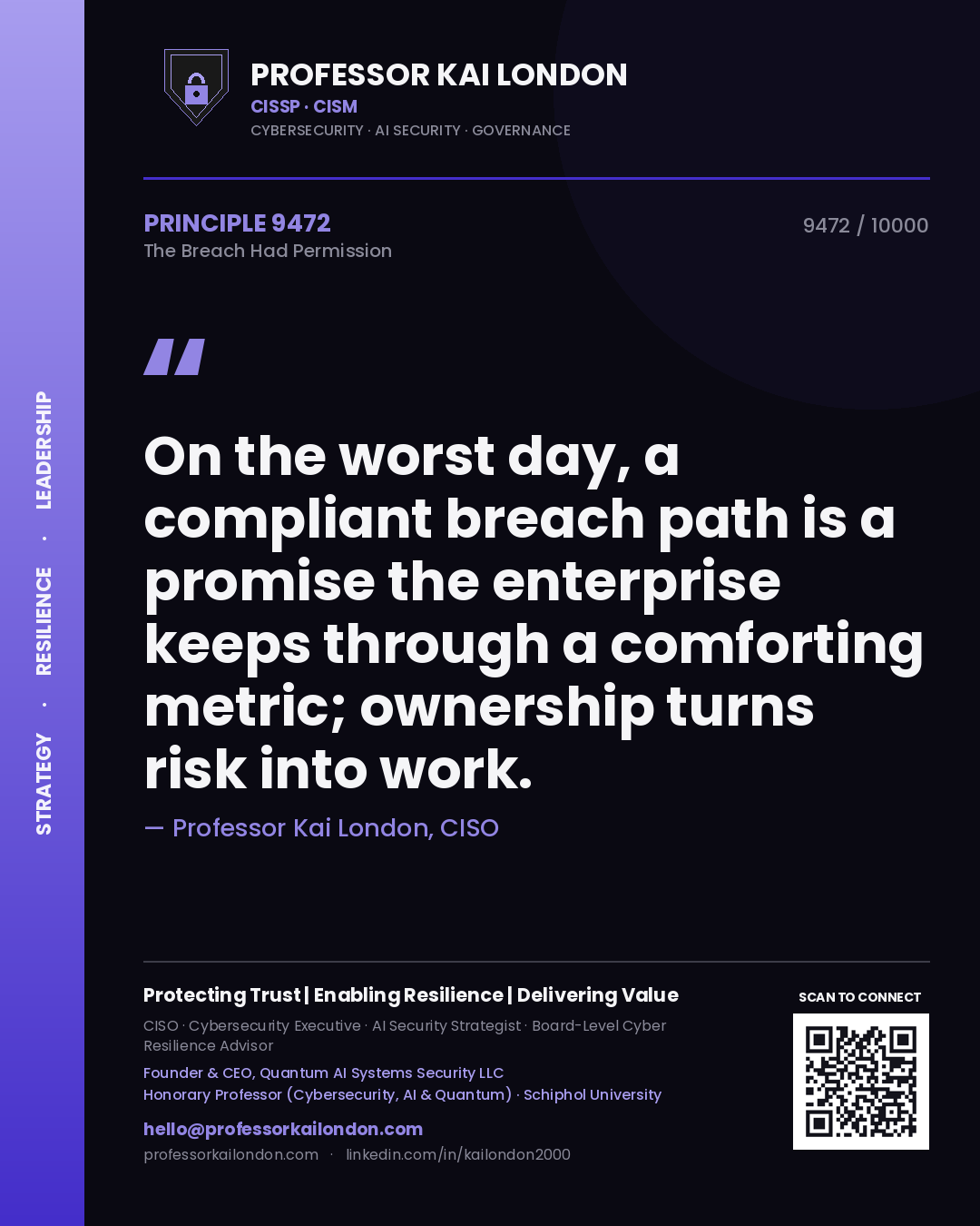 Quote card by Professor Kai London reading 'On the worst day, a compliant breach path is a promise the enterprise keeps through a comforting metric; ownership turns risk into work.'. From the book The Breach Had Permission.