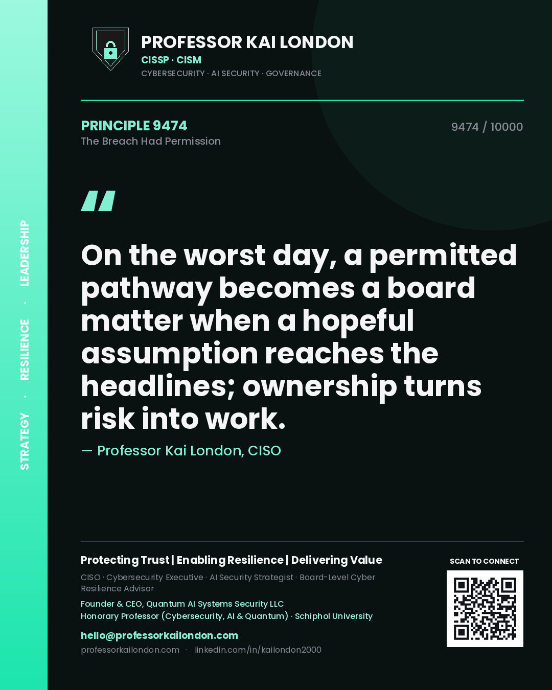 Quote card by Professor Kai London reading 'On the worst day, a permitted pathway becomes a board matter when a hopeful assumption reaches the headlines; ownership turns risk into work.'. From the book The Breach Had Permission.
