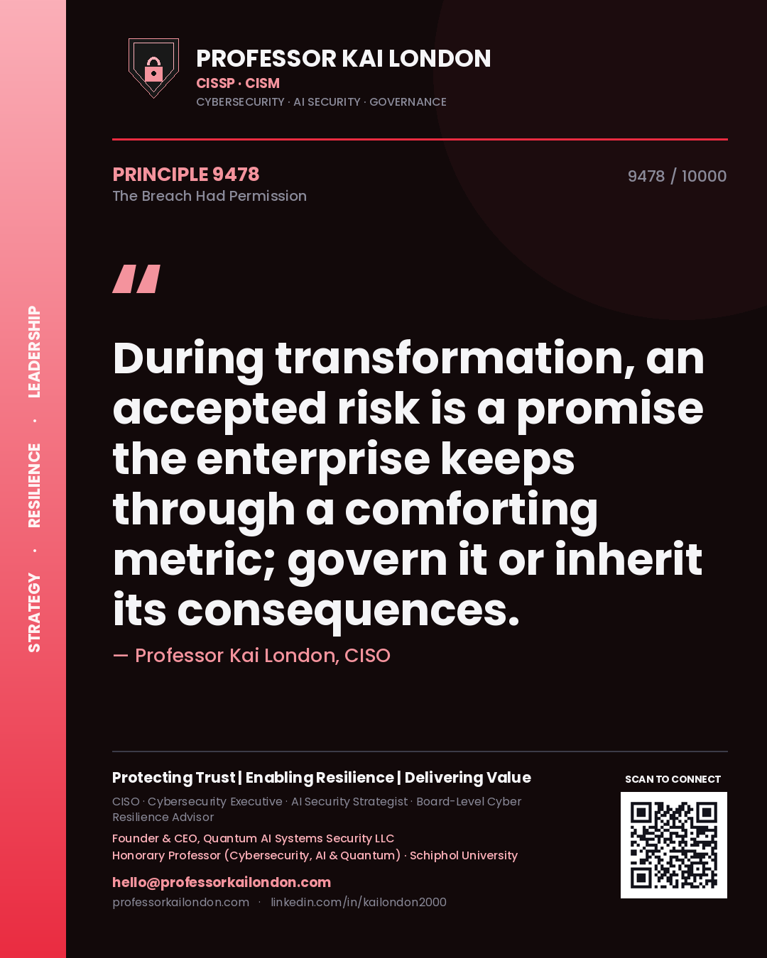 Professor Kai London principle 9478: During transformation, an accepted risk is a promise the enterprise keeps through a comforting metric; govern it or inherit its consequences.