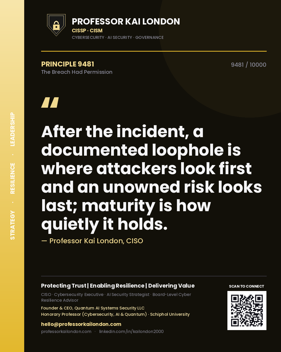 Quote card by Professor Kai London reading 'After the incident, a documented loophole is where attackers look first and an unowned risk looks last; maturity is how quietly it holds.'. From the book The Breach Had Permission.