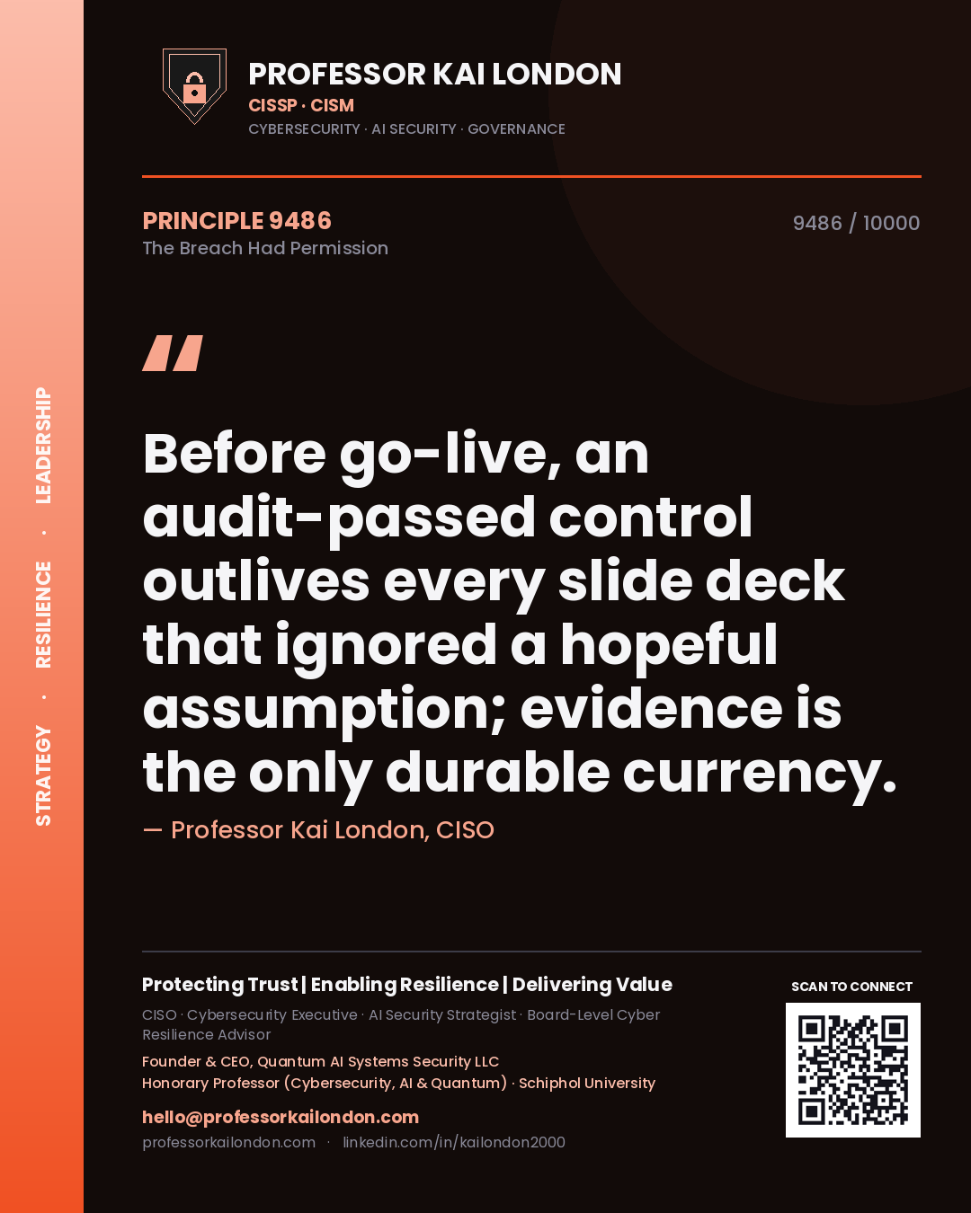 Quote card by Professor Kai London reading 'Before go-live, an audit-passed control outlives every slide deck that ignored a hopeful assumption; evidence is the only durable currency.'. From the book The Breach Had Permission.