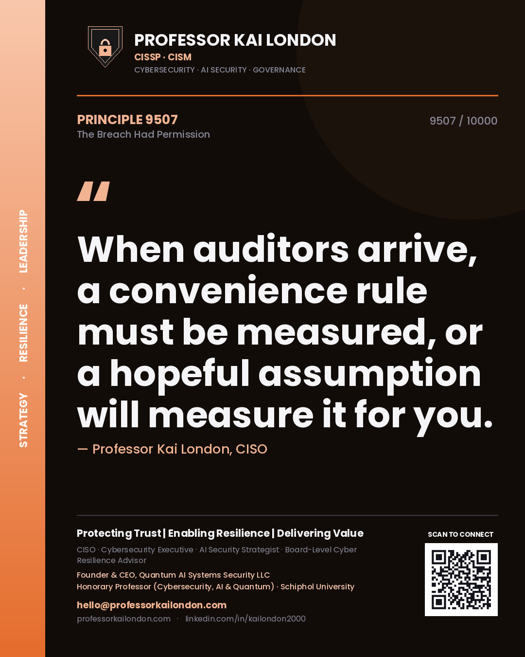 Quote card by Professor Kai London reading 'When auditors arrive, a convenience rule must be measured, or a hopeful assumption will measure it for you.'. From the book The Breach Had Permission.