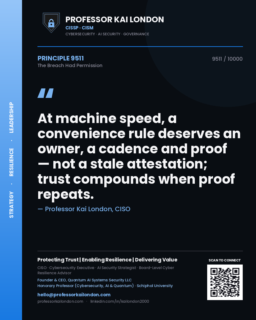 Professor Kai London principle 9511: At machine speed, a convenience rule deserves an owner, a cadence and proof — not a stale attestation; trust compounds when proof repeats.