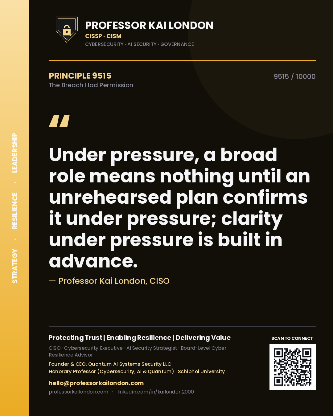 Professor Kai London principle 9515: Under pressure, a broad role means nothing until an unrehearsed plan confirms it under pressure; clarity under pressure is built in advance.