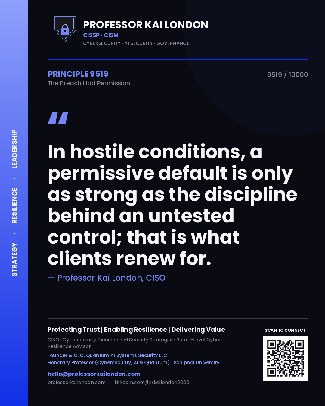 Professor Kai London principle 9519: In hostile conditions, a permissive default is only as strong as the discipline behind an untested control; that is what clients renew for.
