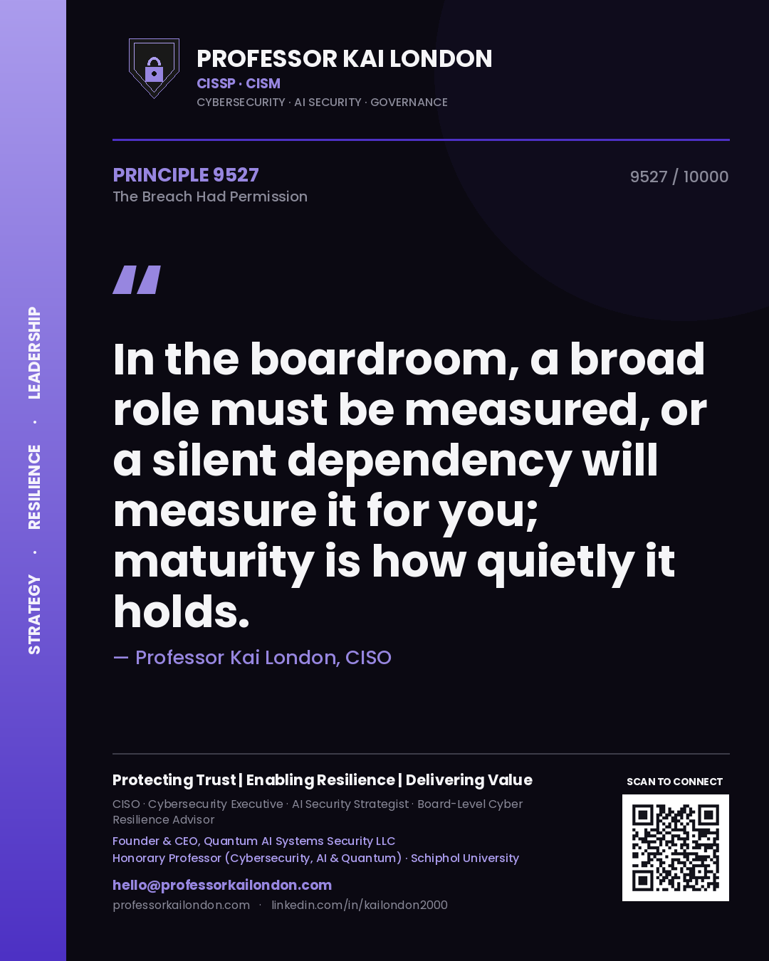 Professor Kai London principle 9527: In the boardroom, a broad role must be measured, or a silent dependency will measure it for you; maturity is how quietly it holds.