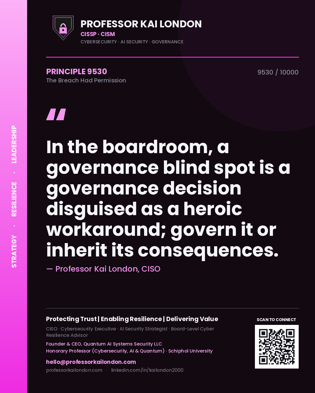 Quote card by Professor Kai London reading 'In the boardroom, a governance blind spot is a governance decision disguised as a heroic workaround; govern it or inherit its consequences.'. From the book The Breach Had Permission.