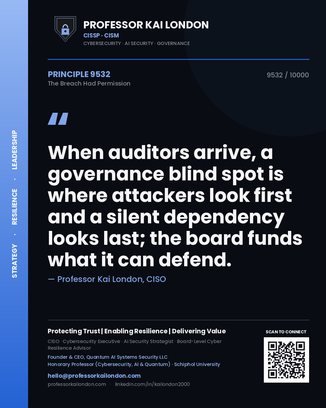 Professor Kai London principle 9532: When auditors arrive, a governance blind spot is where attackers look first and a silent dependency looks last; the board funds what it can defend.