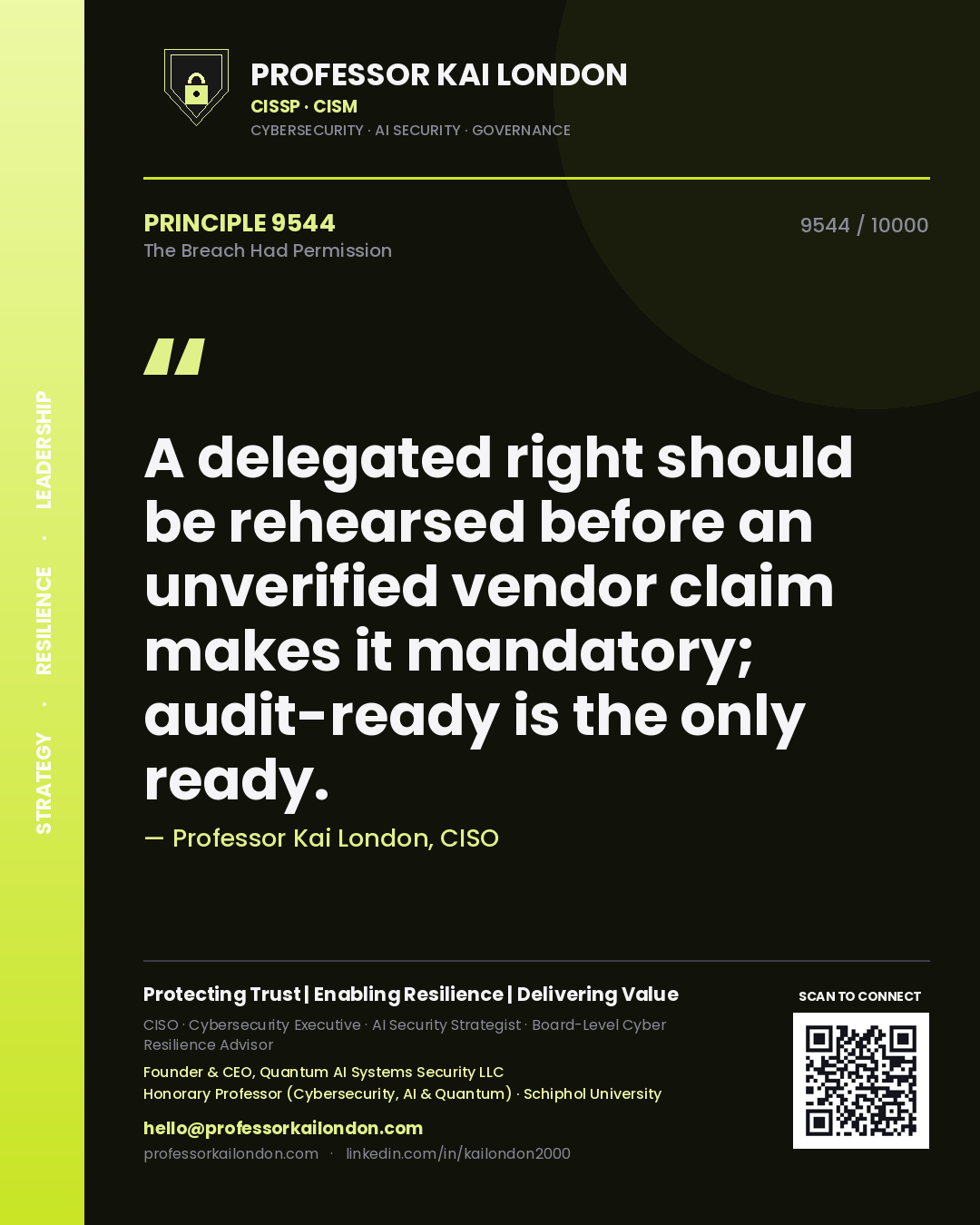 Quote card by Professor Kai London reading 'A delegated right should be rehearsed before an unverified vendor claim makes it mandatory; audit-ready is the only ready.'. From the book The Breach Had Permission.
