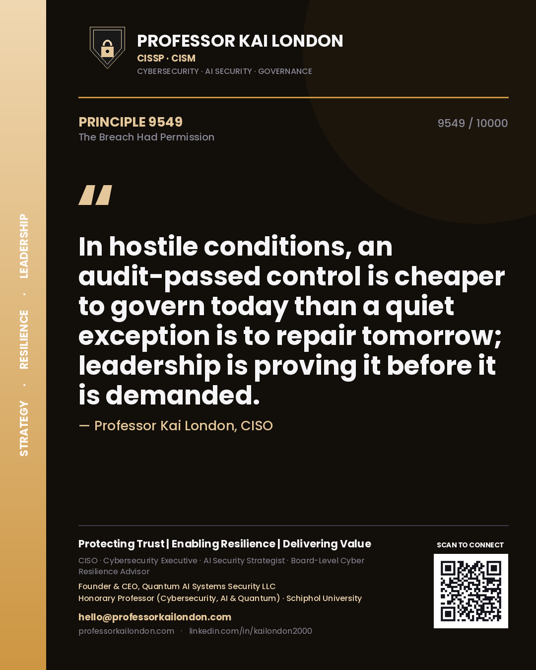 Professor Kai London principle 9549: In hostile conditions, an audit-passed control is cheaper to govern today than a quiet exception is to repair tomorrow; leadership is proving it before it is demanded.