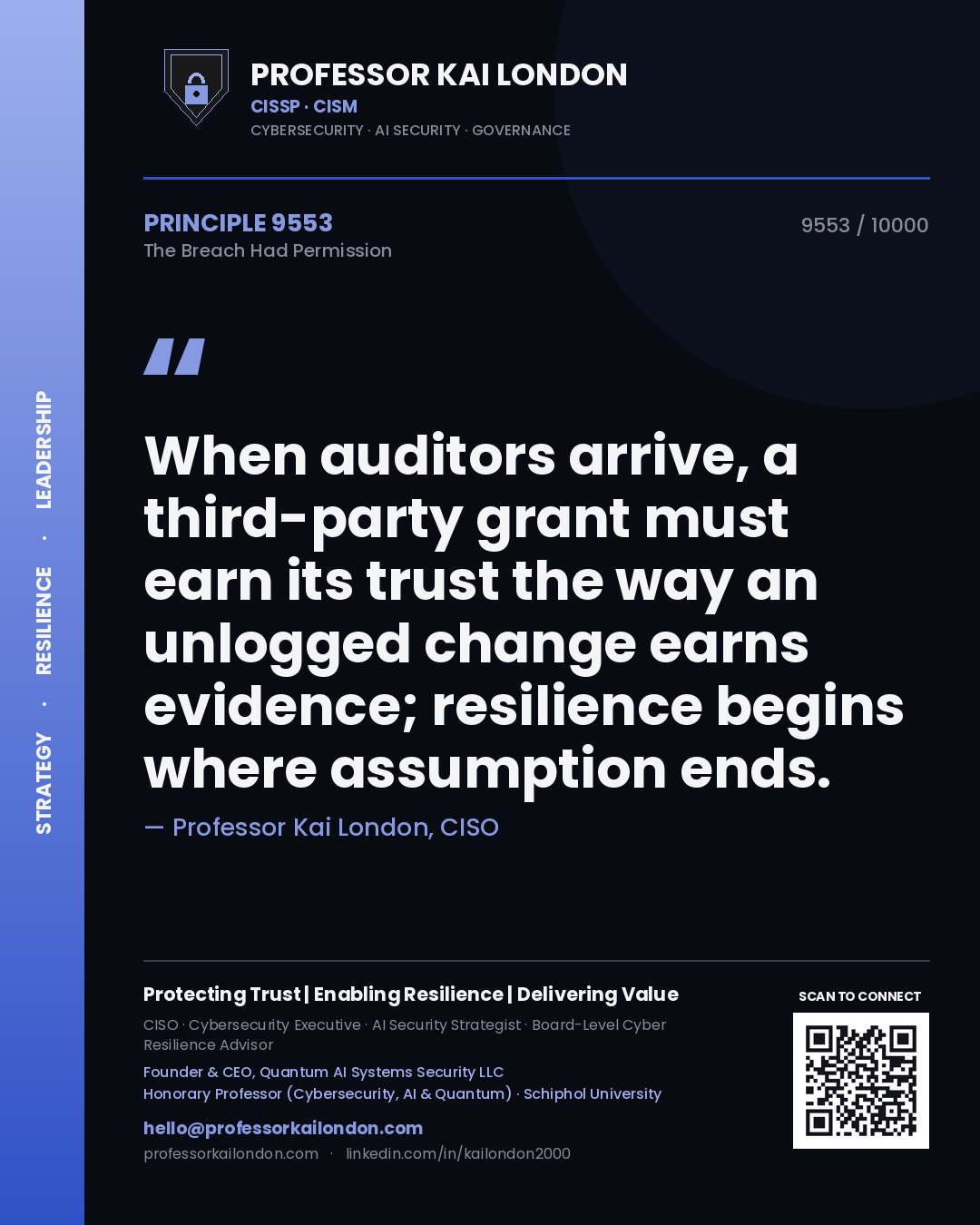 Professor Kai London principle 9553: When auditors arrive, a third-party grant must earn its trust the way an unlogged change earns evidence; resilience begins where assumption ends.