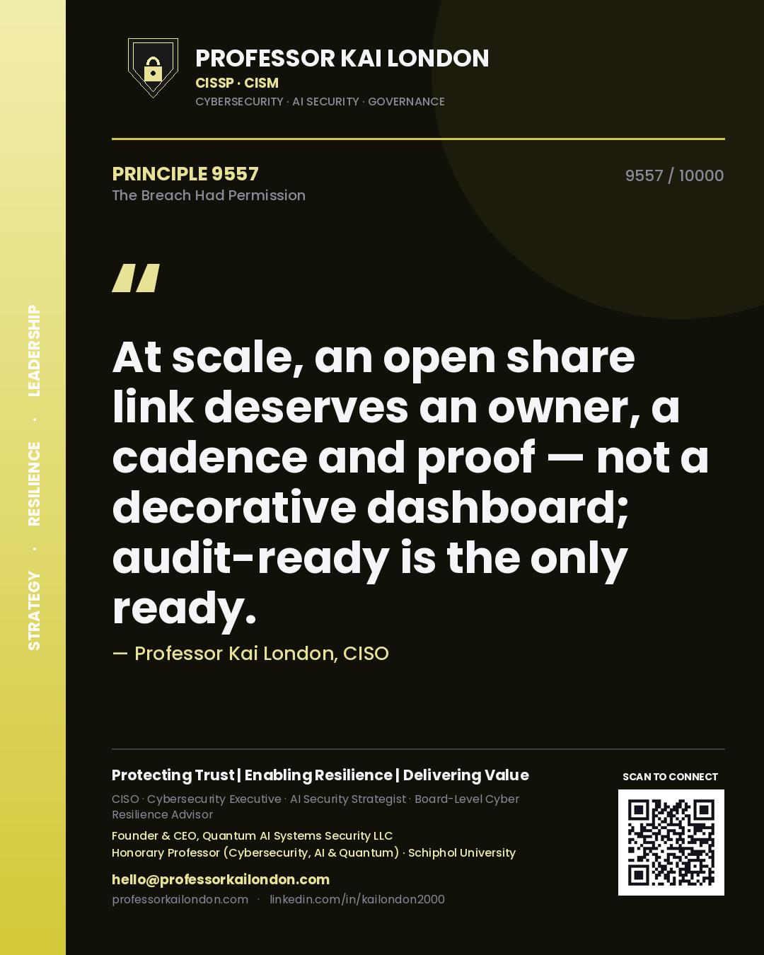 Professor Kai London principle 9557: At scale, an open share link deserves an owner, a cadence and proof — not a decorative dashboard; audit-ready is the only ready.