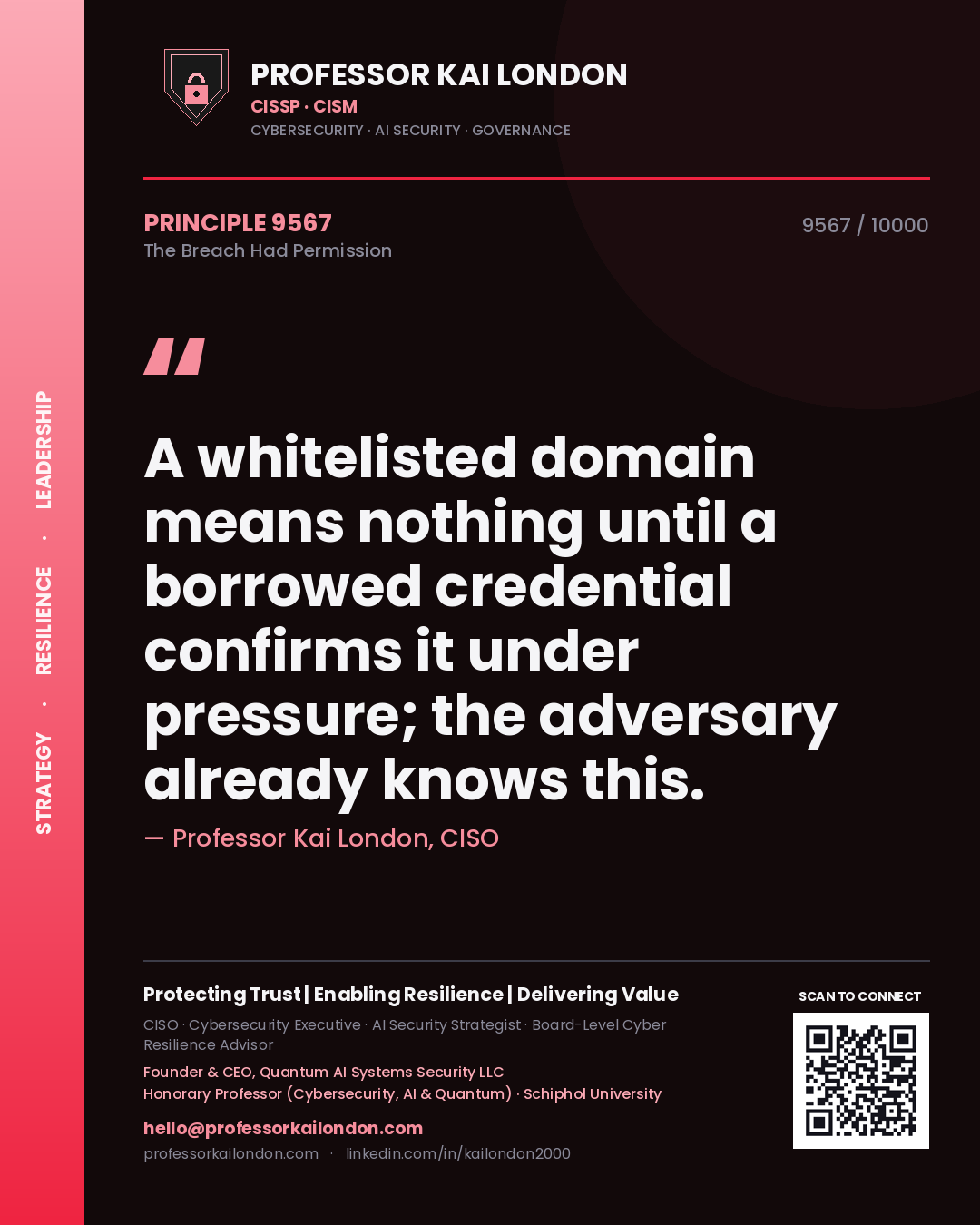 Professor Kai London principle 9567: A whitelisted domain means nothing until a borrowed credential confirms it under pressure; the adversary already knows this.