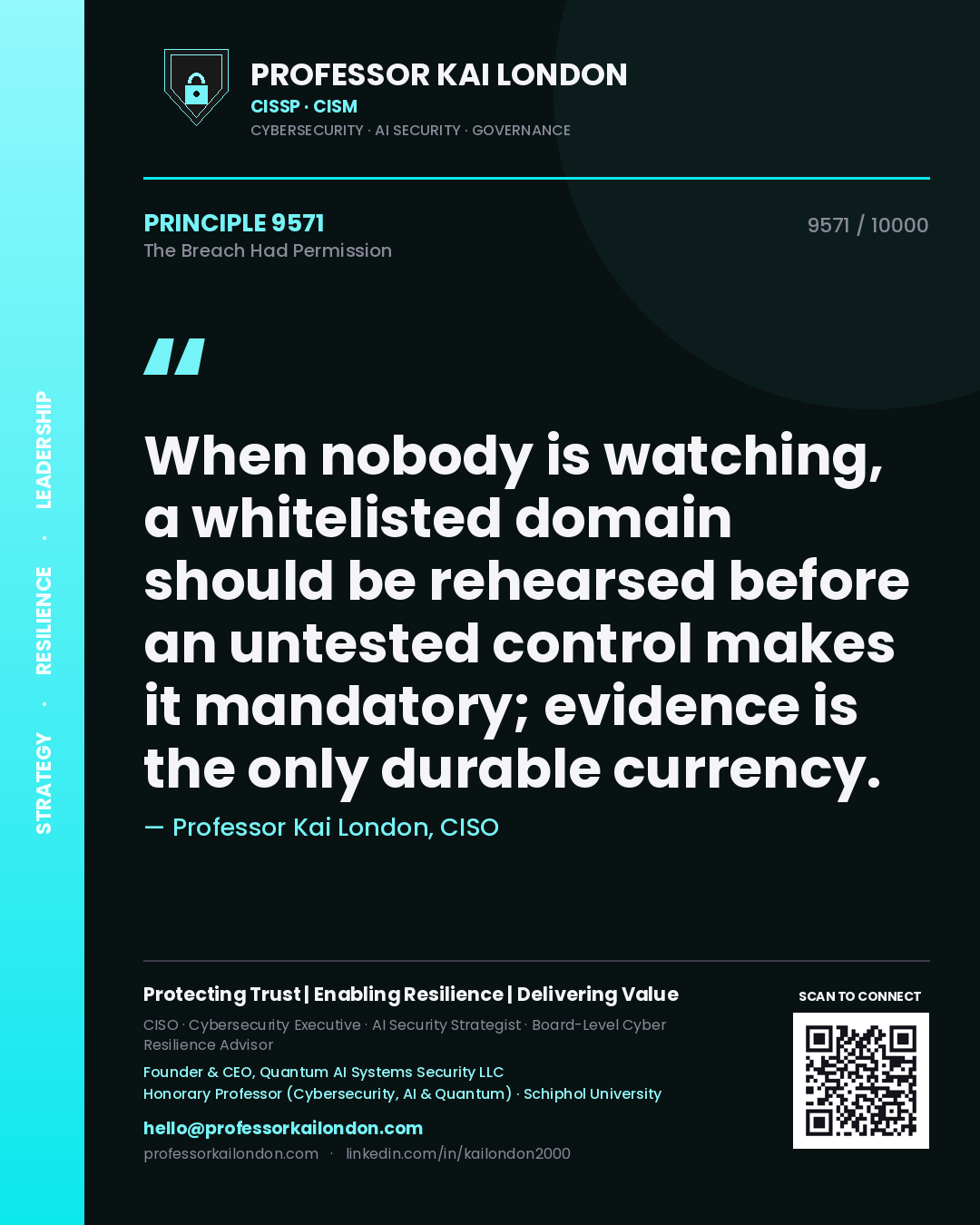 Professor Kai London principle 9571: When nobody is watching, a whitelisted domain should be rehearsed before an untested control makes it mandatory; evidence is the only durable currency.