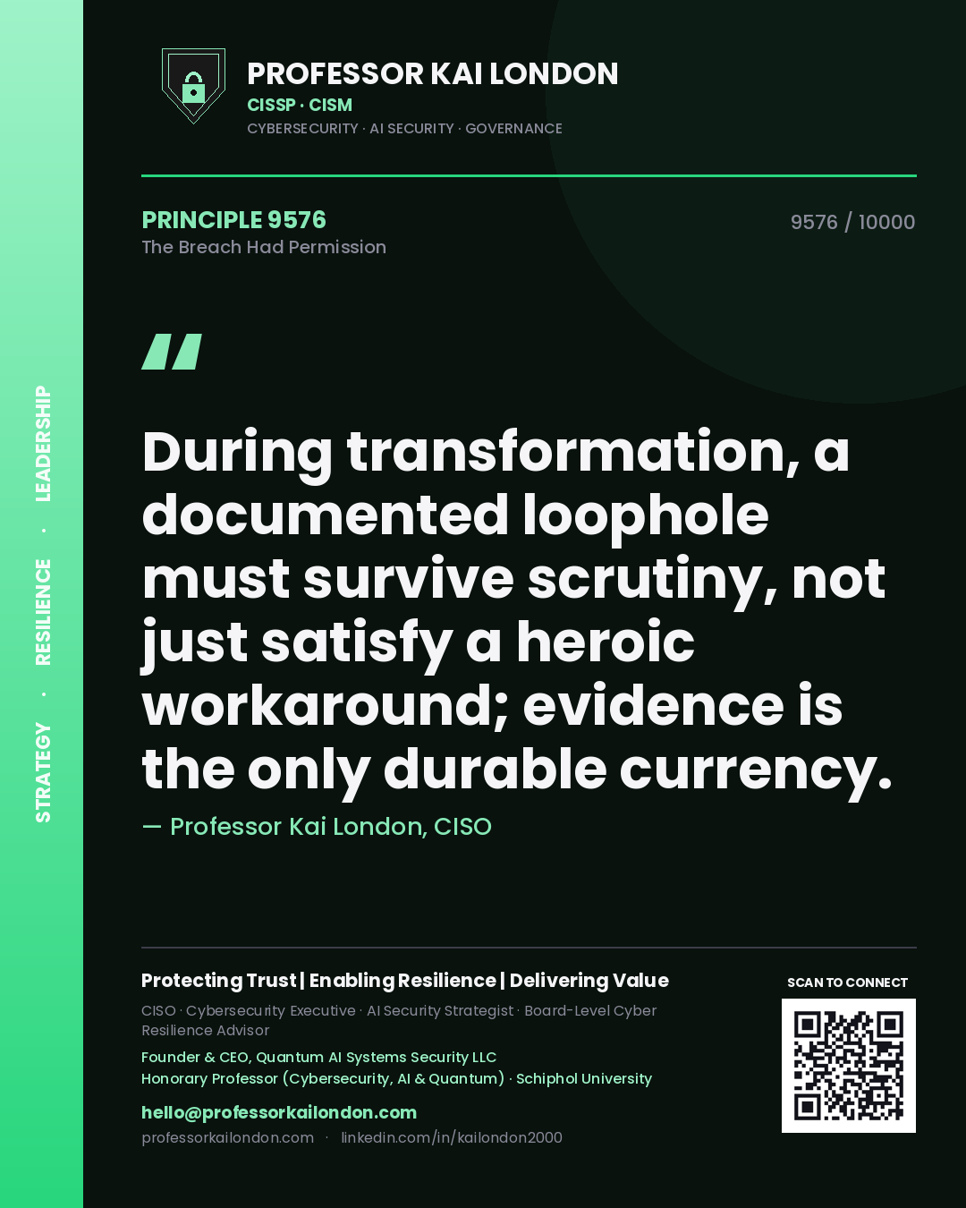 Quote card by Professor Kai London reading 'During transformation, a documented loophole must survive scrutiny, not just satisfy a heroic workaround; evidence is the only durable currency.'. From the book The Breach Had Permission.
