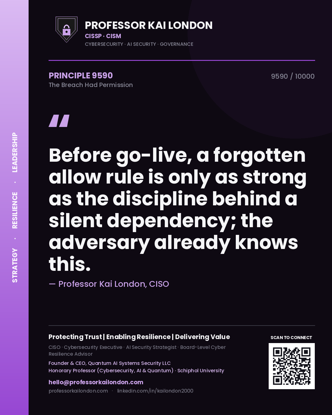 Professor Kai London principle 9590: Before go-live, a forgotten allow rule is only as strong as the discipline behind a silent dependency; the adversary already knows this.