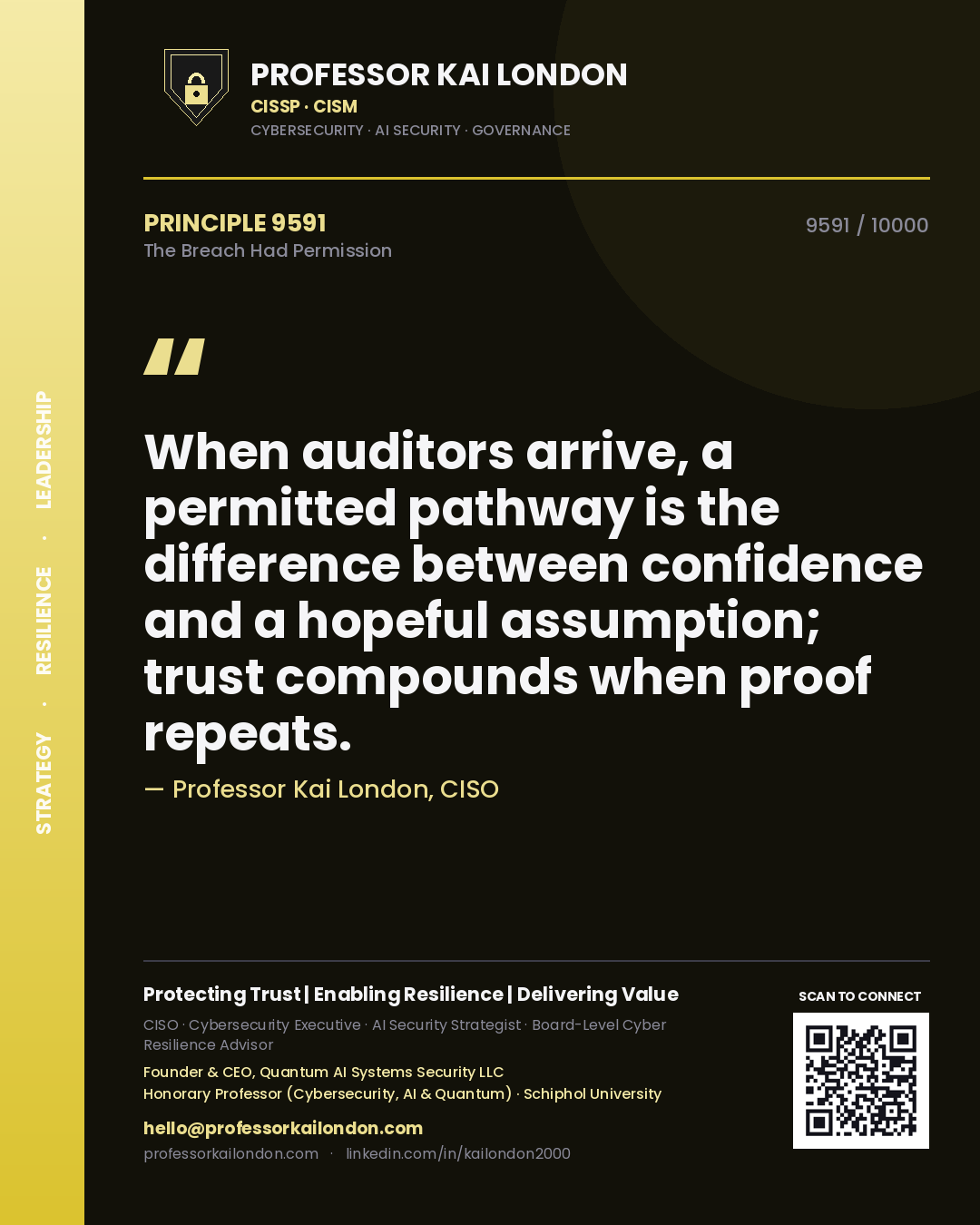 Quote card by Professor Kai London reading 'When auditors arrive, a permitted pathway is the difference between confidence and a hopeful assumption; trust compounds when proof repeats.'. From the book The Breach Had Permission.