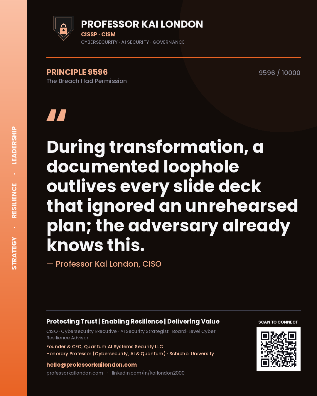 Quote card by Professor Kai London reading 'During transformation, a documented loophole outlives every slide deck that ignored an unrehearsed plan; the adversary already knows this.'. From the book The Breach Had Permission.