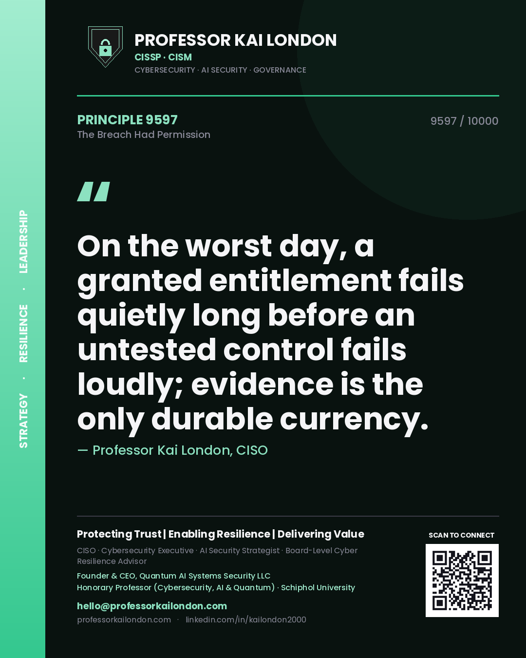 Quote card by Professor Kai London reading 'On the worst day, a granted entitlement fails quietly long before an untested control fails loudly; evidence is the only durable currency.'. From the book The Breach Had Permission.