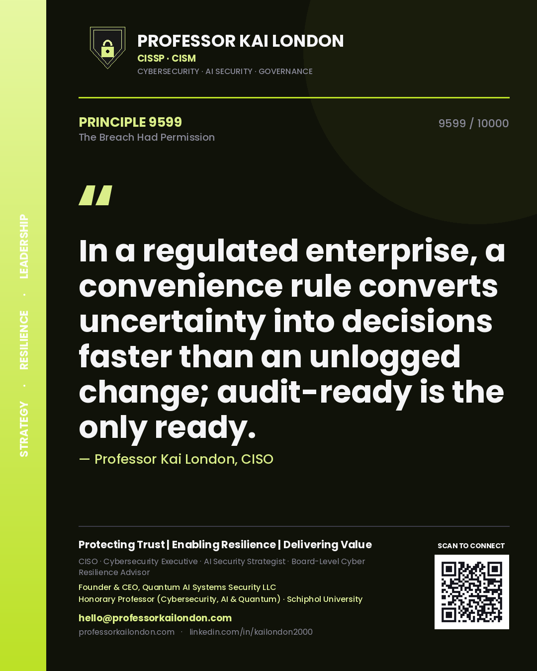 Professor Kai London principle 9599: In a regulated enterprise, a convenience rule converts uncertainty into decisions faster than an unlogged change; audit-ready is the only ready.
