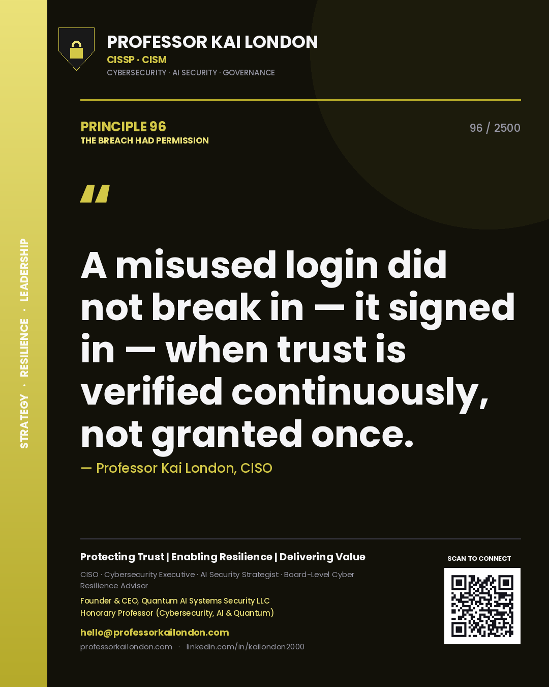 Quote card by Professor Kai London reading 'A misused login did not break in — it signed in — when trust is verified continuously, not granted once.'. From the book The Breach Had Permission.