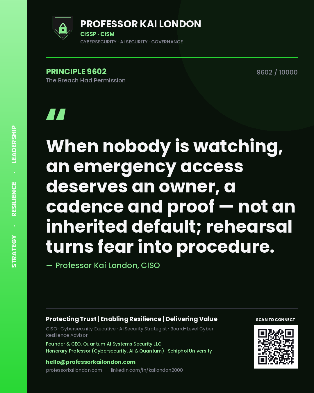 Quote card by Professor Kai London reading 'When nobody is watching, an emergency access deserves an owner, a cadence and proof — not an inherited default; rehearsal turns fear into procedure.'. From the book The Breach Had Permission.