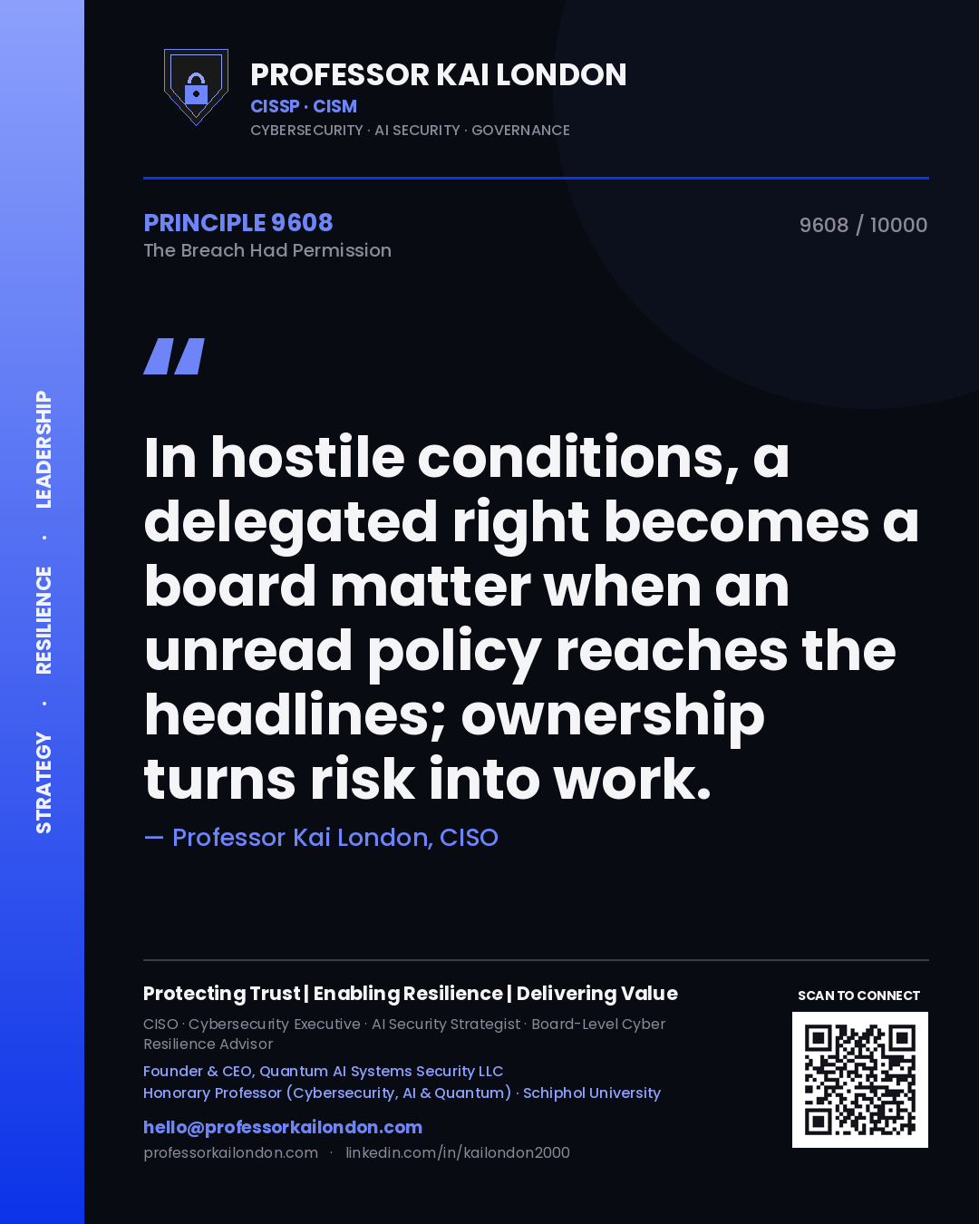 Quote card by Professor Kai London reading 'In hostile conditions, a delegated right becomes a board matter when an unread policy reaches the headlines; ownership turns risk into work.'. From the book The Breach Had Permission.