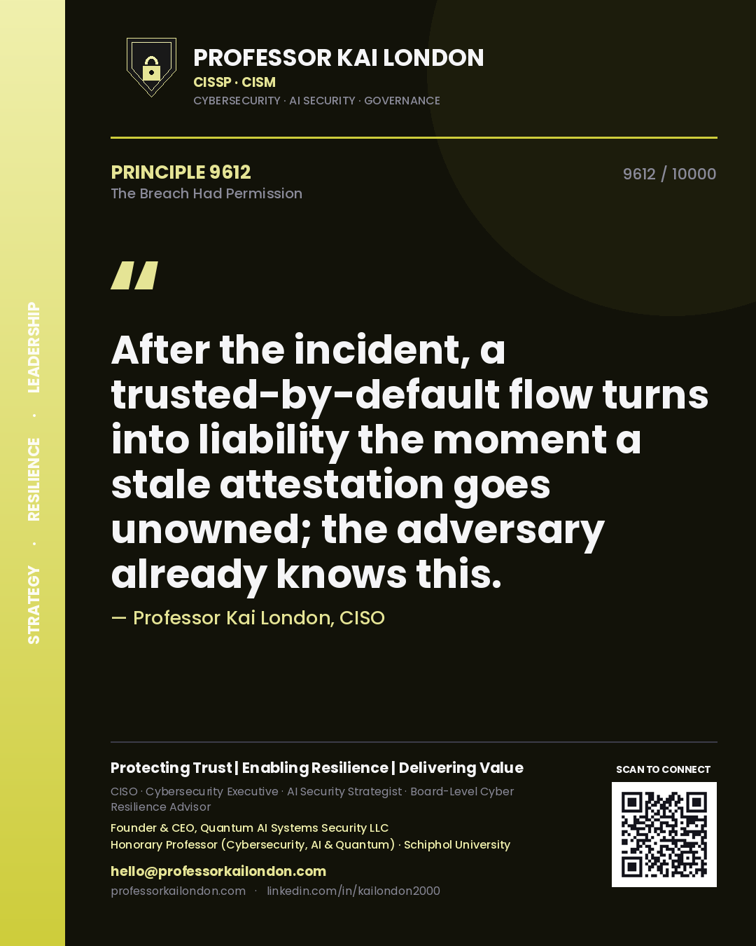 Quote card by Professor Kai London reading 'After the incident, a trusted-by-default flow turns into liability the moment a stale attestation goes unowned; the adversary already knows this.'. From the book The Breach Had Permission.